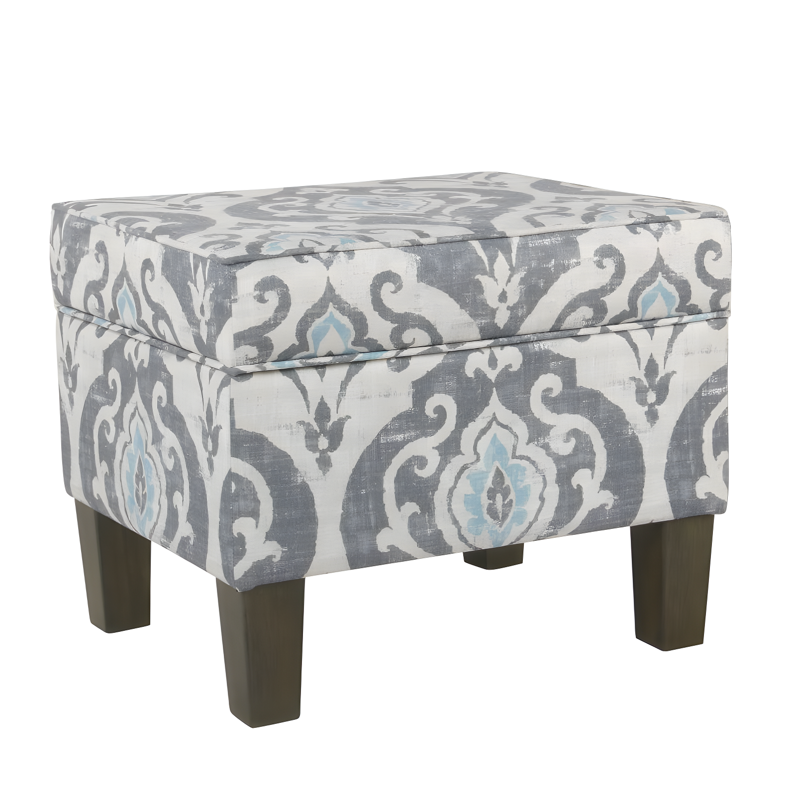 Medium Storage Ottoman Gray/Blue - HomePop: Upholstered Rectangular Footstool with Damask Pattern, Plywood & Hardwood Frame