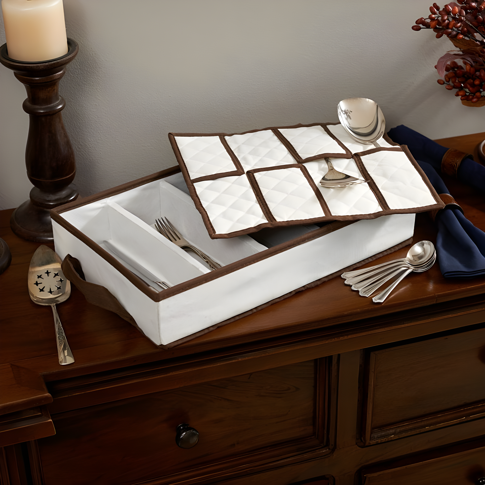 Windowed Flatware Storage Chest, 5 Compartment Storage with Serving Utensil Pouch, Canvas with Brown Trim