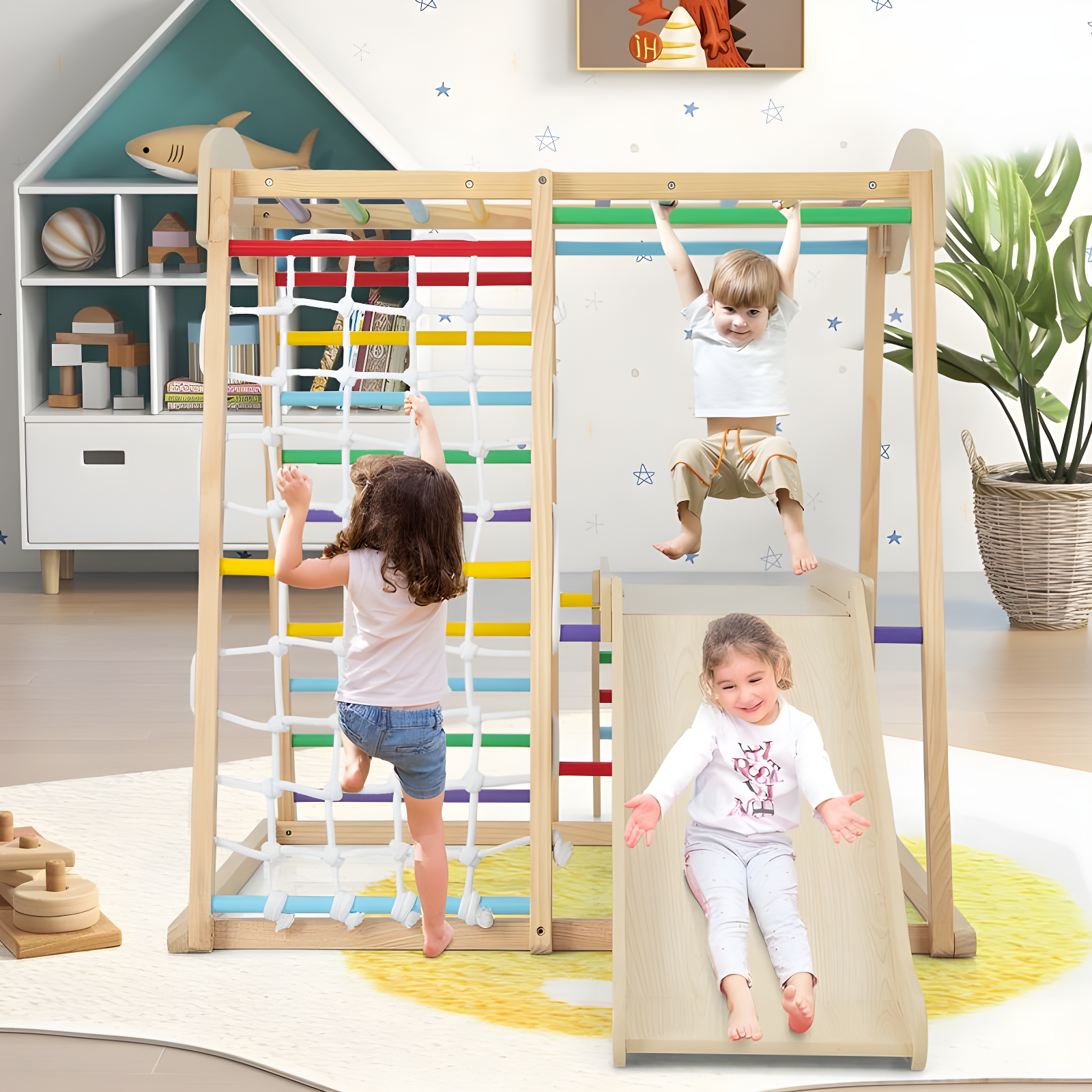 Costway 6-in-1 Indoor Jungle Gym Wooden Playground Climber Playset for Kids 1+ Years Multicolor