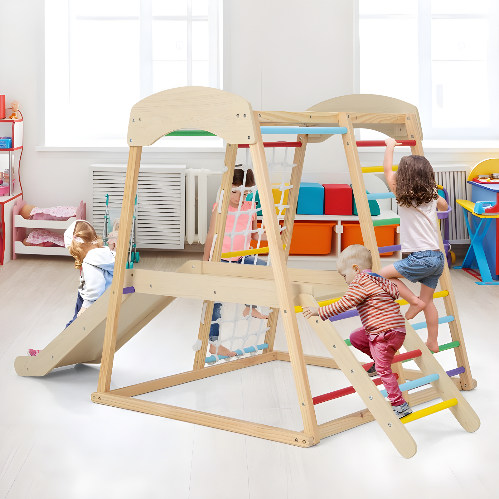 Costway 6-in-1 Indoor Jungle Gym Wooden Playground Climber Playset for Kids 1+ Years Multicolor