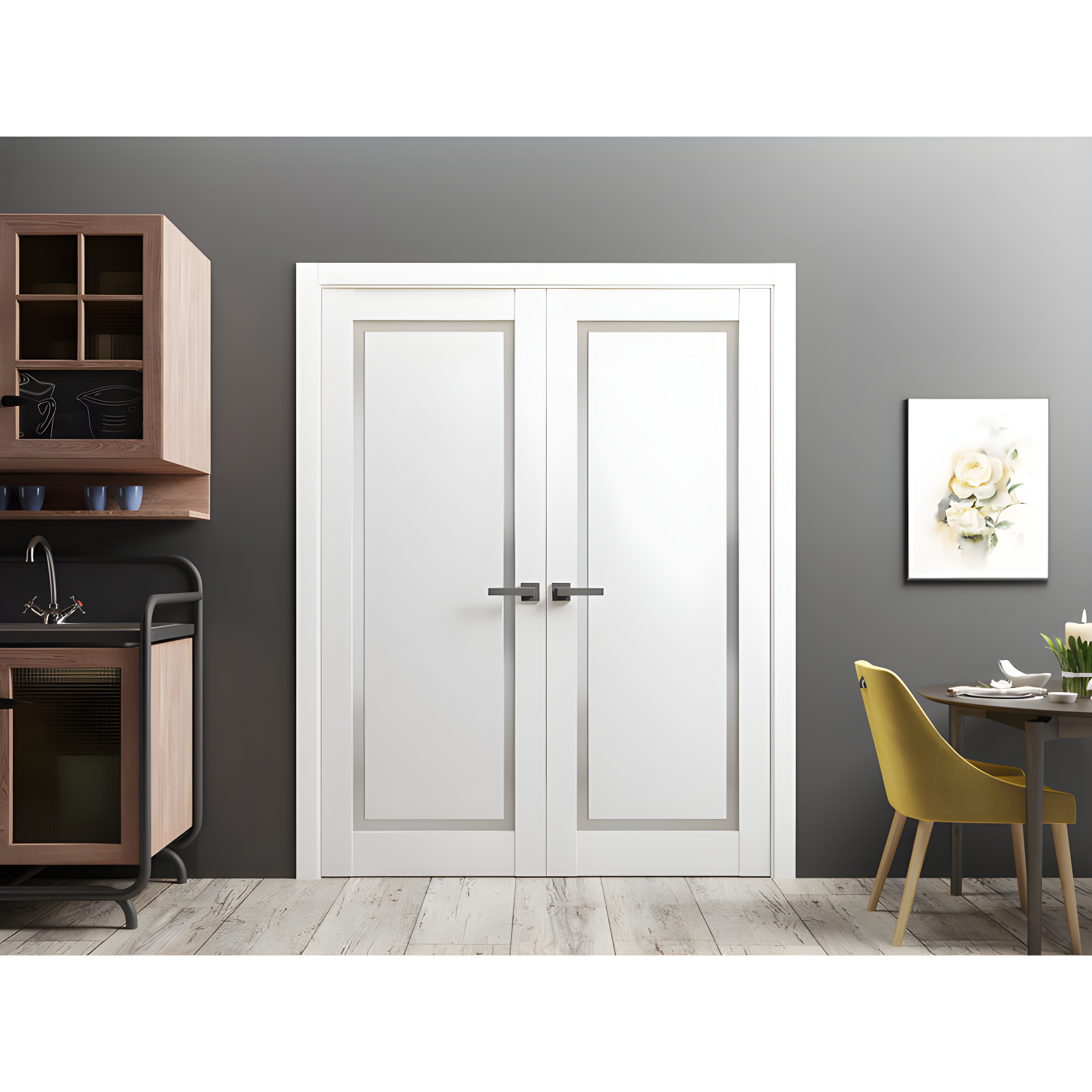 Solid French Double Doors | Planum 0888 Painted White With Frosted Glass | Wood Solid Panel Frame Trims | Closet Bedroom Sturdy Doors