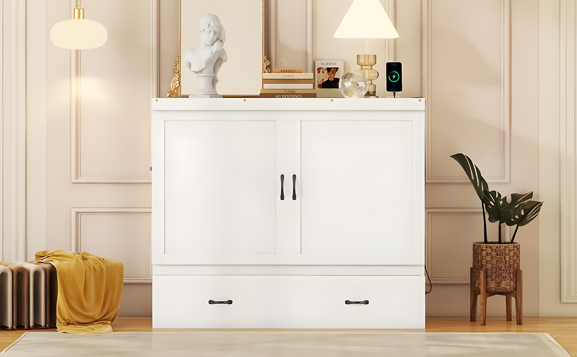 Harper & Bright Designs Full Size Murphy Bed with USB Port and a Large Drawer, Space-Saving Wall Bed for Multipurpose Guest Room or Home Office - White