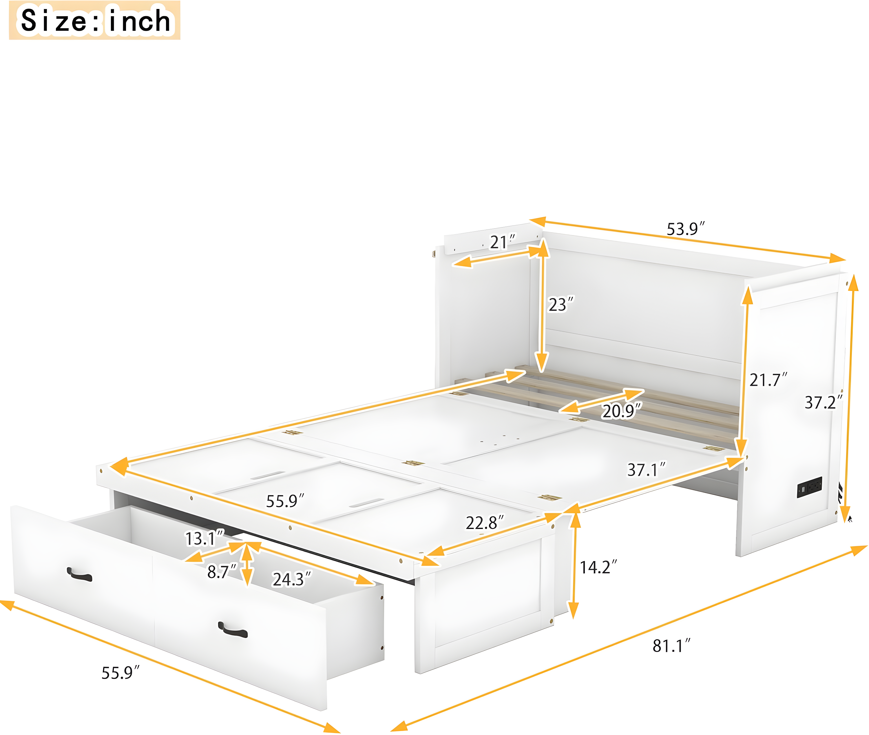 Harper & Bright Designs Full Size Murphy Bed with USB Port and a Large Drawer, Space-Saving Wall Bed for Multipurpose Guest Room or Home Office - White