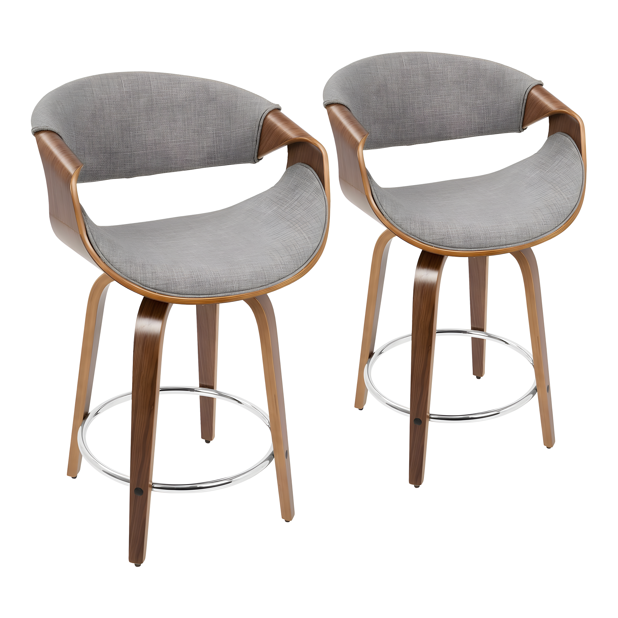 Curvini Mid-Century Modern Counter Stool in Walnut Wood and Light Grey Fabric by LumiSource - Set of 2