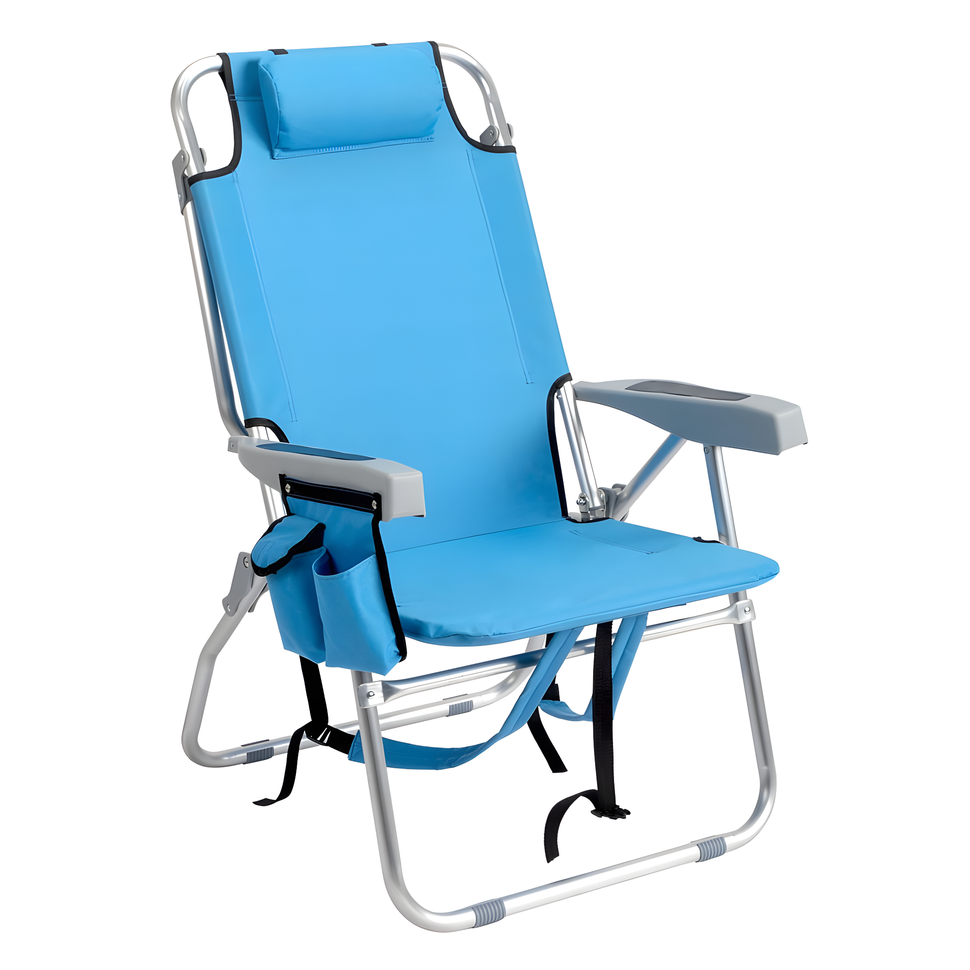 Tcbosik Reclining Beach Chair, 5-Position Adjustable Lay Flat Lounge Chair for Adults, Portable Folding with Cooler Pouch, Camping Chair for Outdoor, Blue