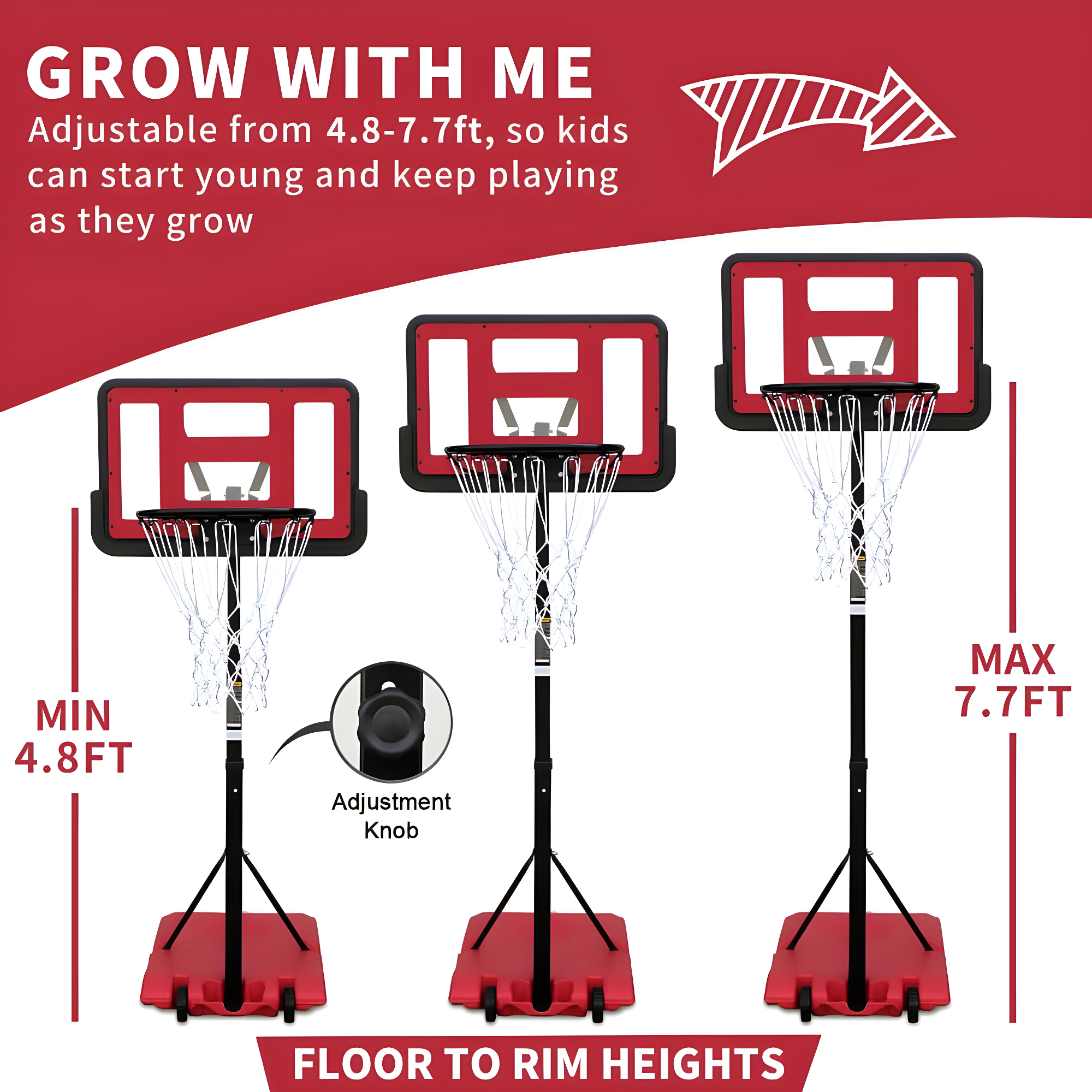 Adjustable Red Polycarbonate Portable Basketball Hoop with Wheels