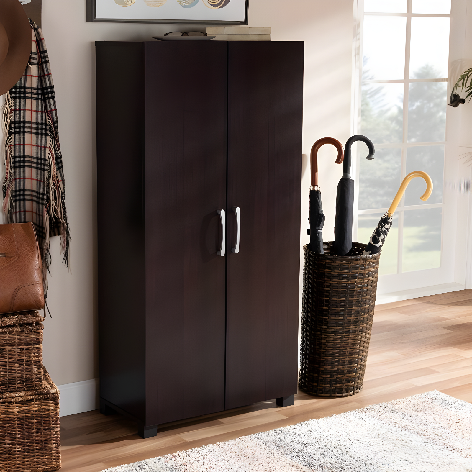 Marine Wenge Finished 2 Door Wood Entryway Shoe Storage Cabinet Brown - Baxton Studio: Organizer for 12 Pairs, Air Circulation Design