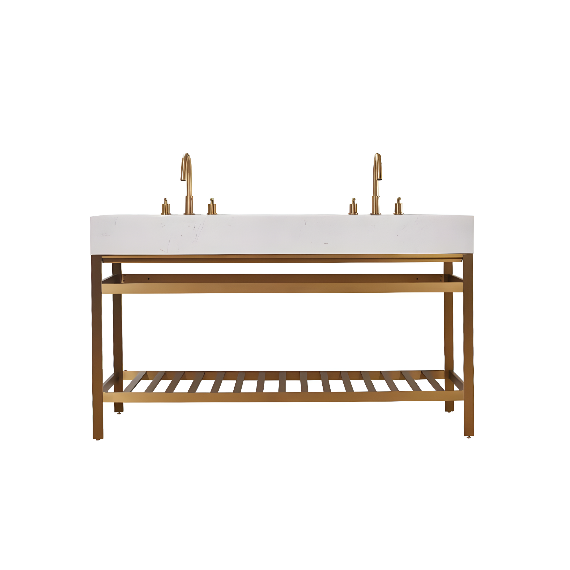 Merano 60" Double Stainless Steel Vanity Console in Brushed Gold with Aosta White Stone Countertop without Mirror