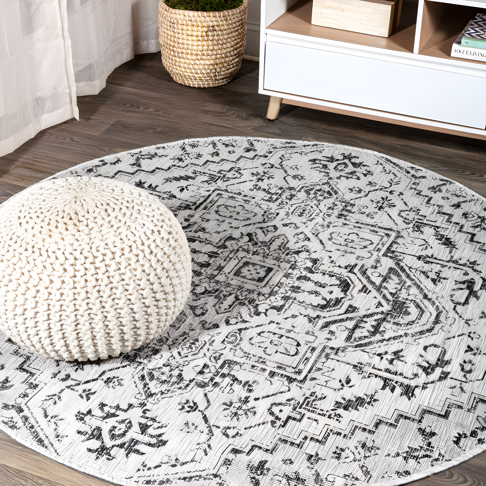5' Round Estrella Bohemian Medallion Textured Weave Indoor/Outdoor Area Rug, Black/Gray - JONATHAN Y