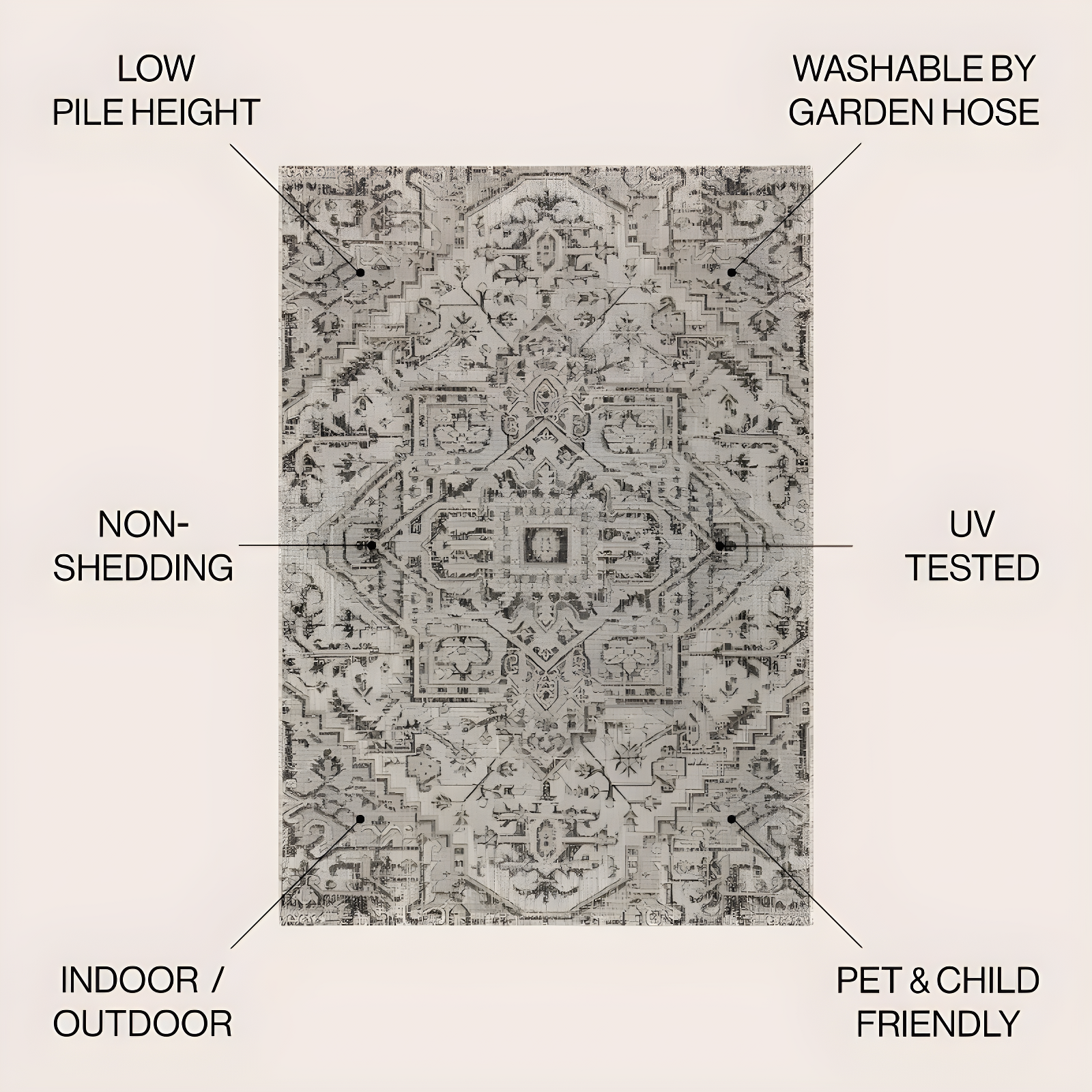 5' Round Estrella Bohemian Medallion Textured Weave Indoor/Outdoor Area Rug, Black/Gray - JONATHAN Y