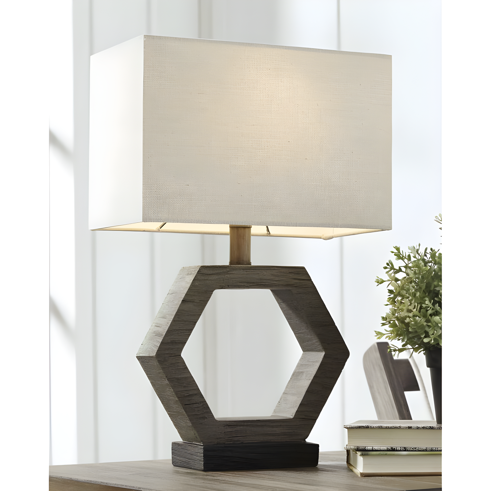 Marilu Table Lamp Gray/Brown - Signature Design by Ashley: Hexagonal Base, Polyester Shade, UL Listed