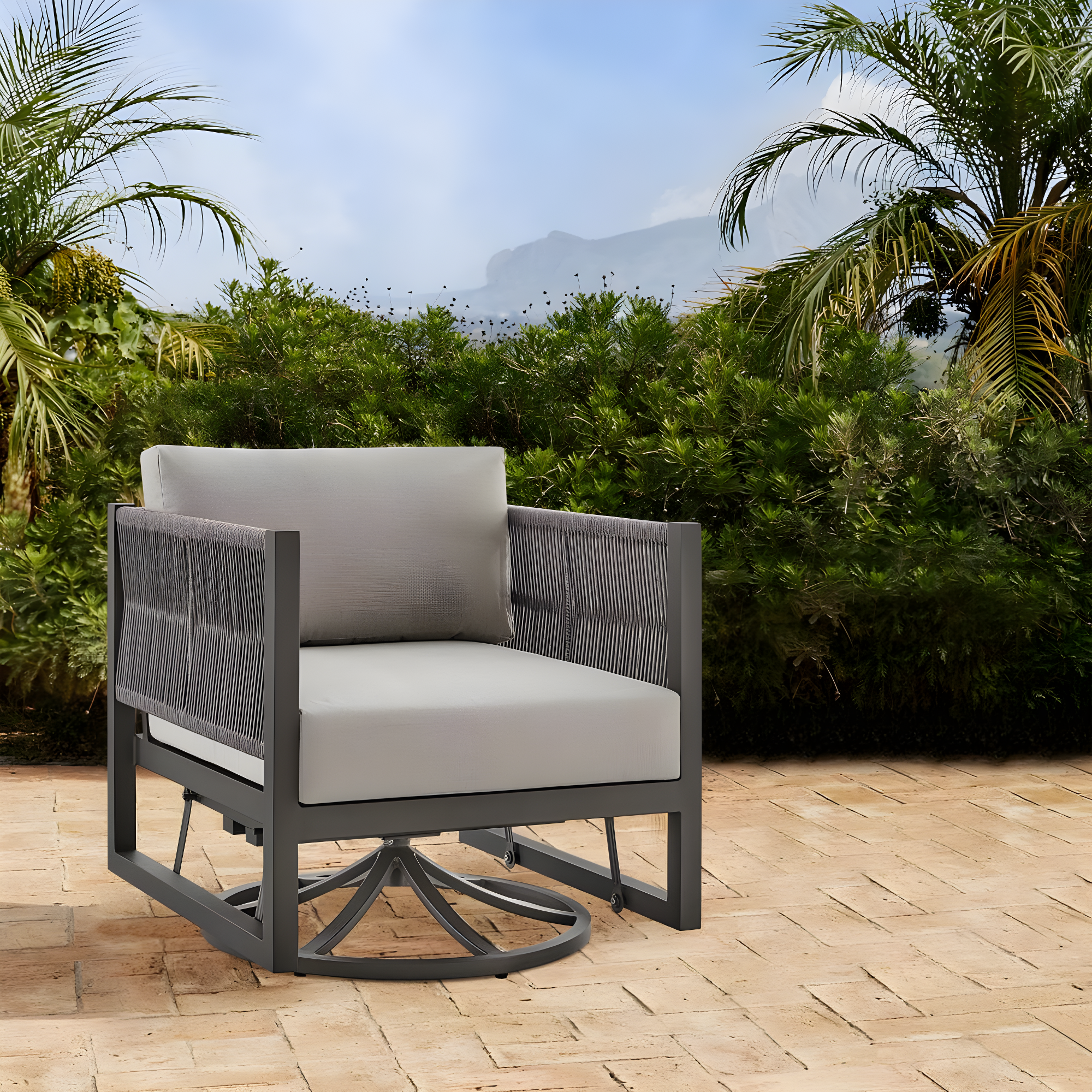 Cuffay Outdoor Patio Swivel Glider Lounge Chair in Dark Brown Aluminum with Cushions