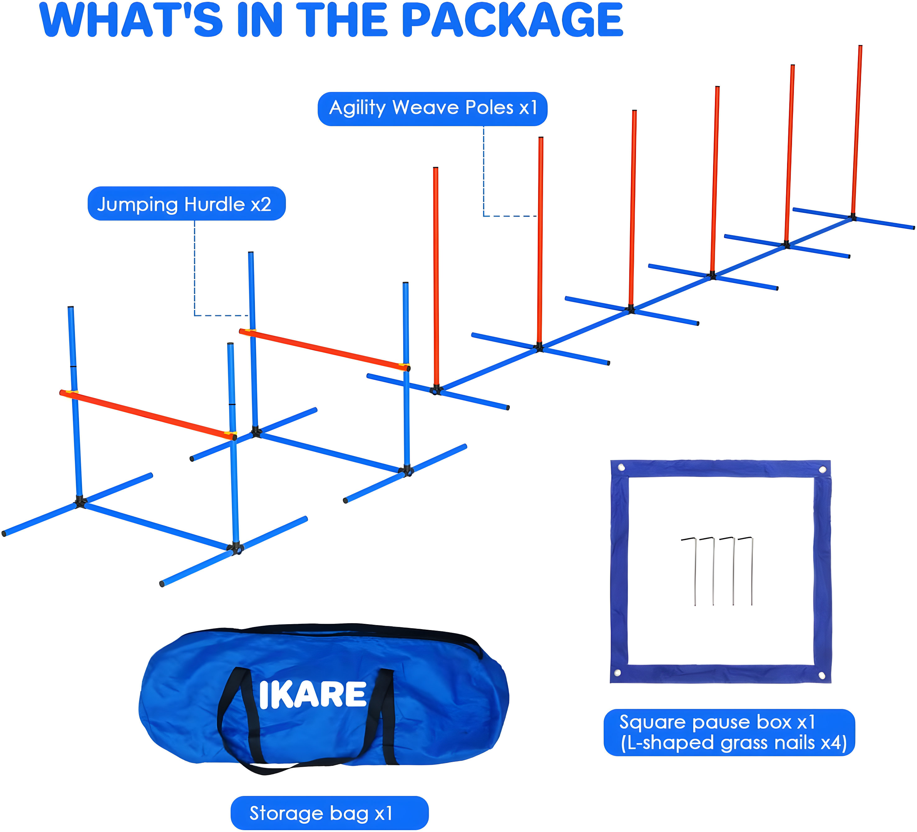 IKARE 4 Piece Dog Agility Training Equipment Pet Obstacle Course Training Starter Kit for Outdoor/Indoor with Adjustable Jumping Hurdles, Weave Poles, Pause Box