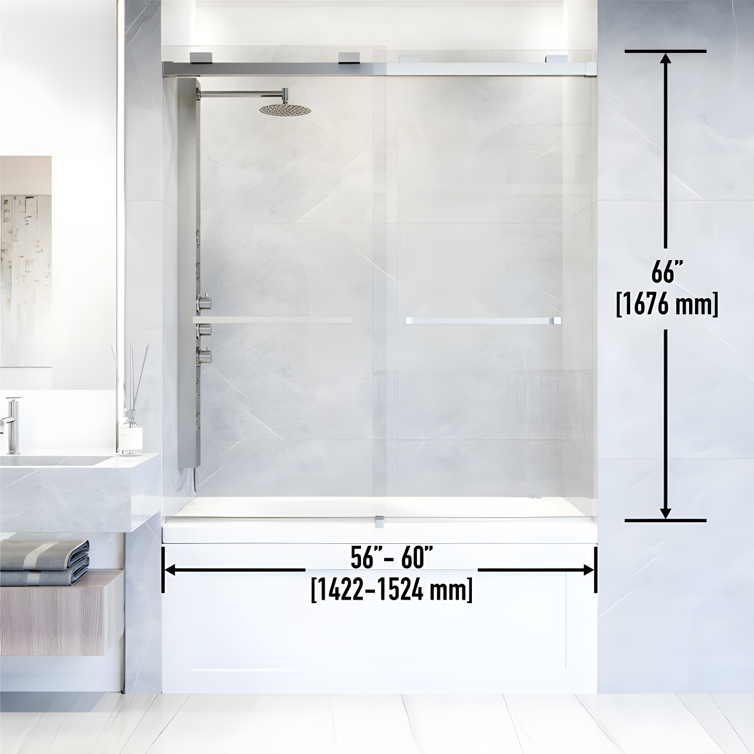 Houston 56-60" W x 66" H Double Sliding Frameless Tub Door with 3/8" Clear Glass