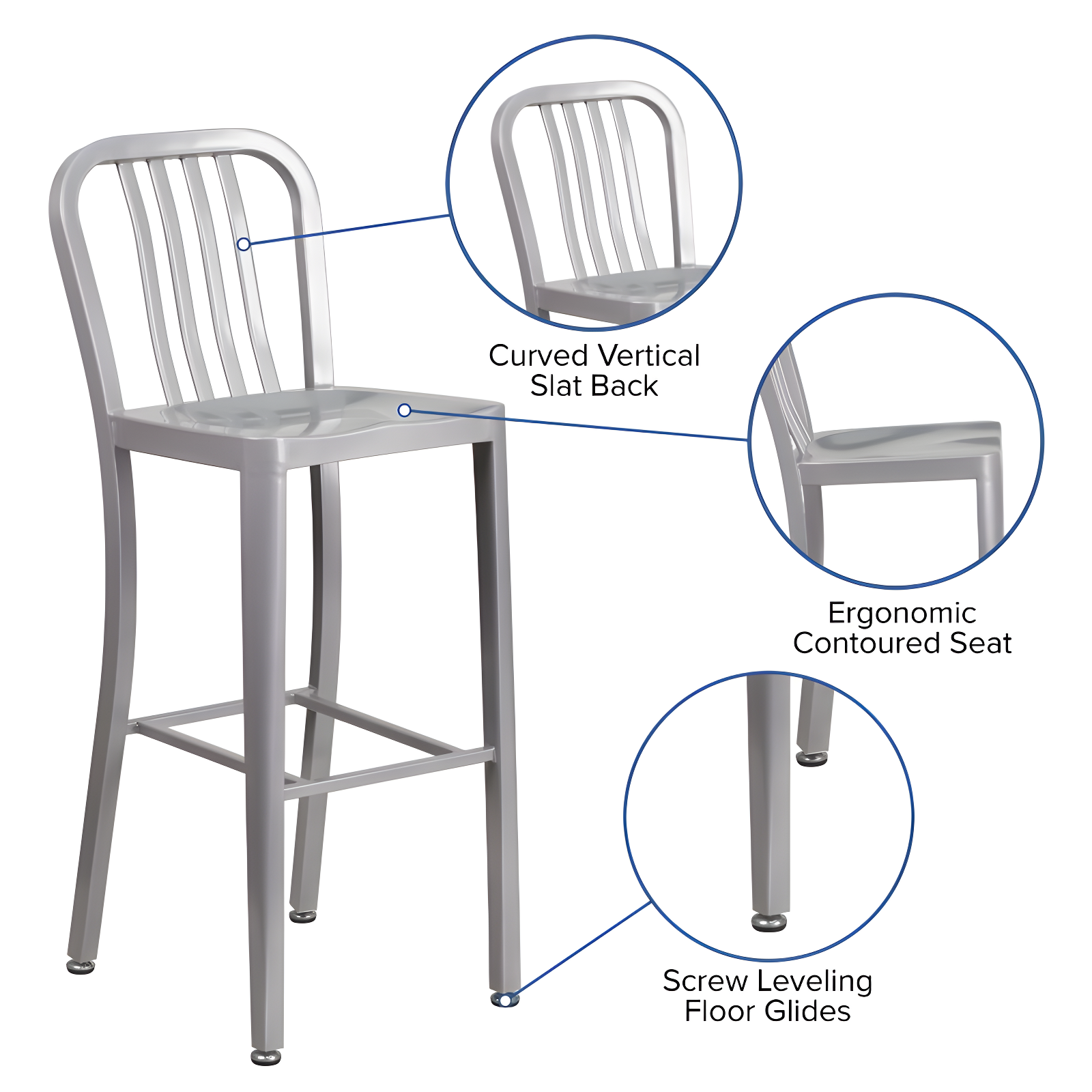 Flash Furniture Commercial Grade 30" High Silver Metal Indoor-Outdoor Barstool with Vertical Slat Back
