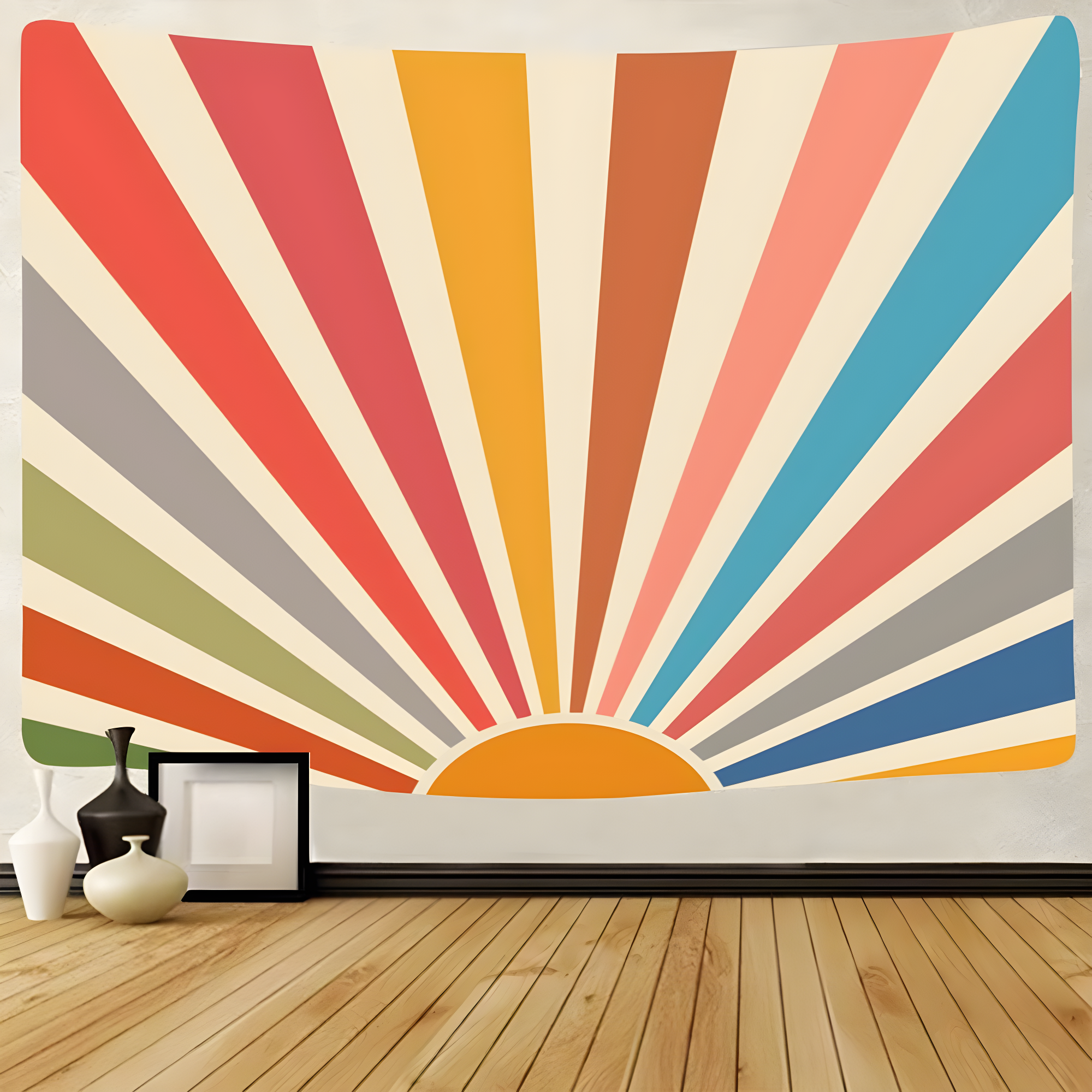 Vintage Sun Tapestry Bohemia Wall Hanging Retro 70s Rainbow Sunrise Sunset Geometric Grunge Abstract Art Print Hippie Decor for Dorm Nursery Bedroom