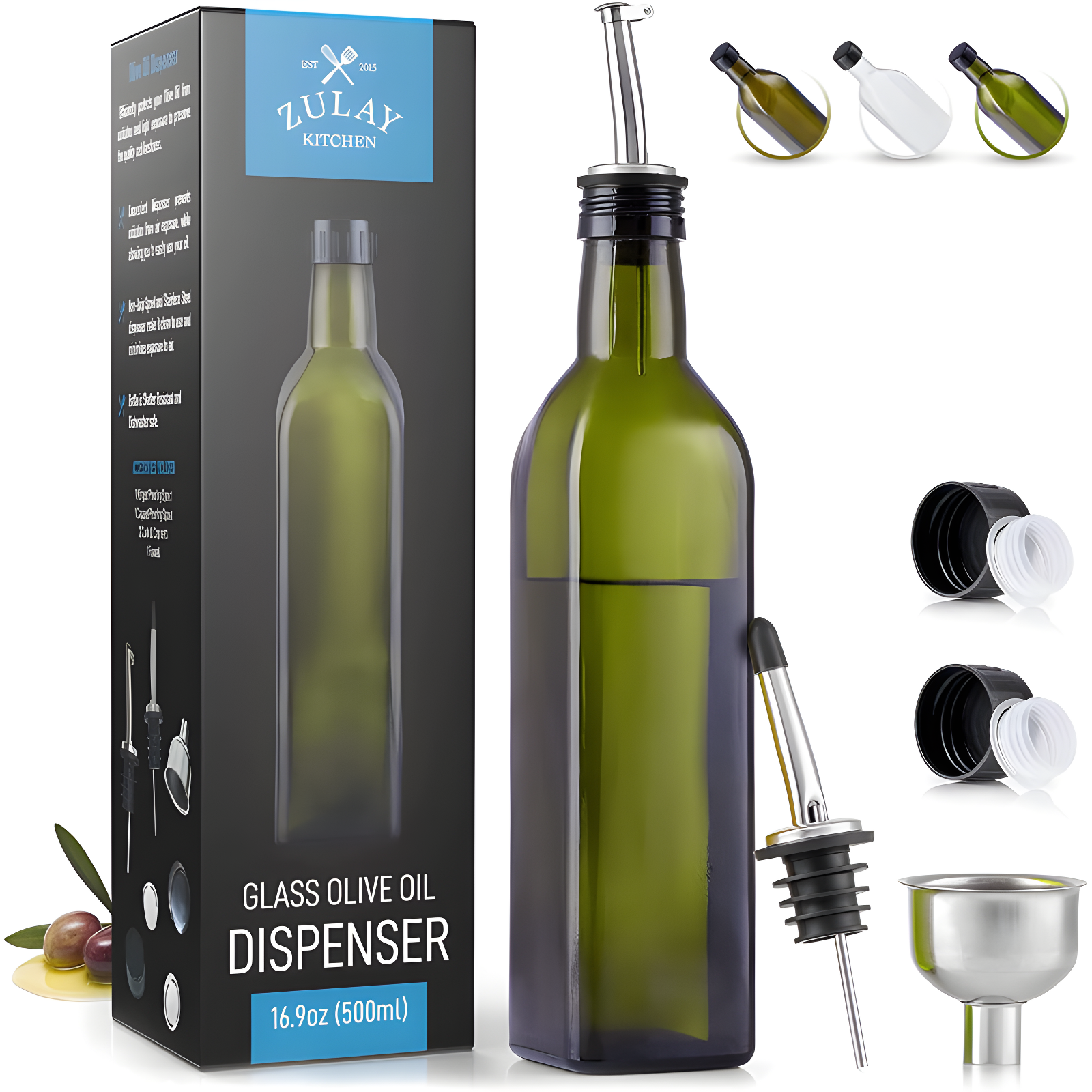 Zulay Kitchen Olive Oil Bottle Dispenser with Pour Spout Funnel and Cork 8 pc Set 17 oz