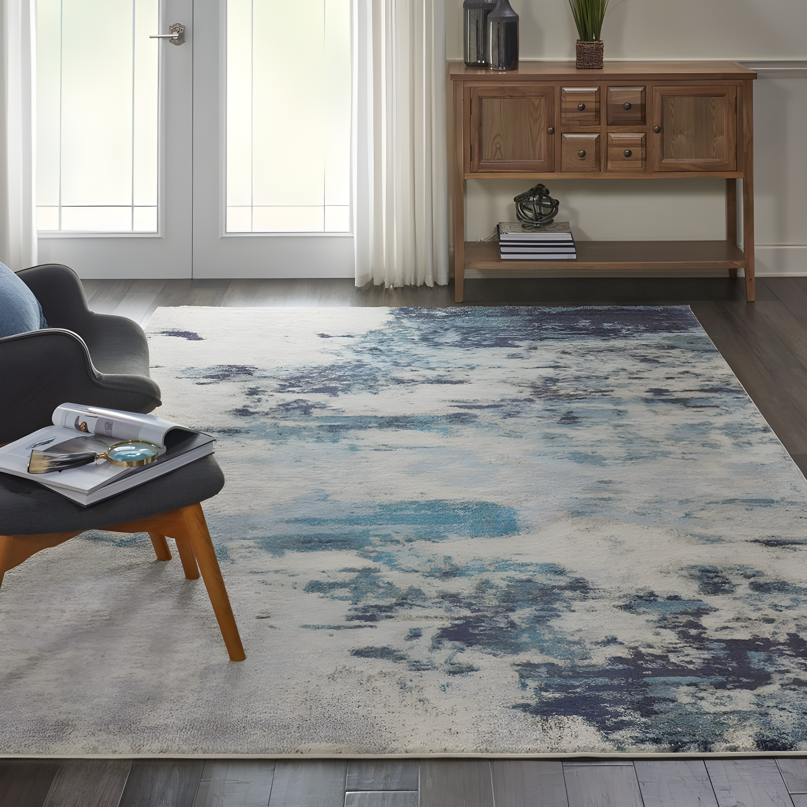 Celestial CES02 Area Rug Colorful Contemporary Abstract By Nourison Ivory Teal Blue 7' x 10'