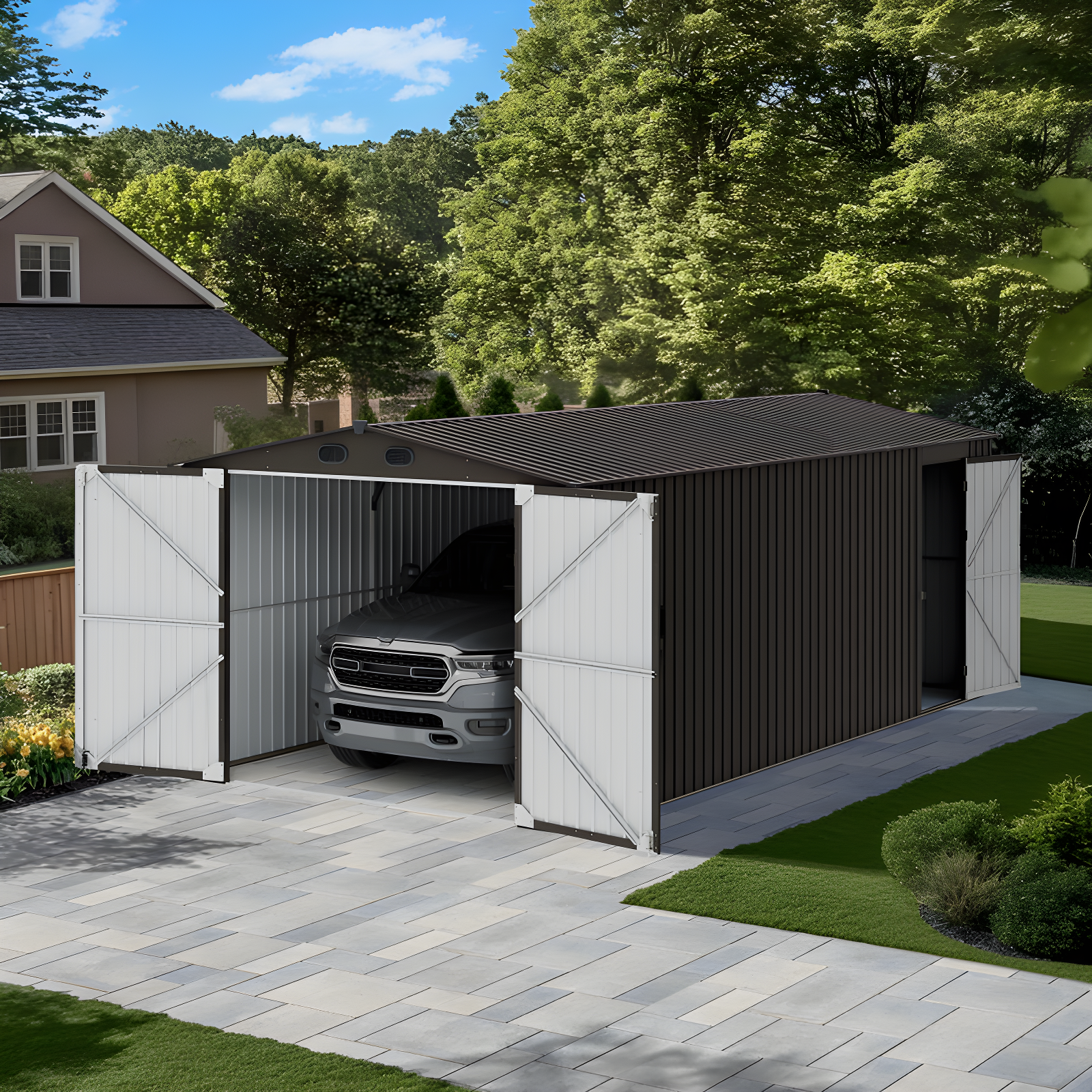 Sunjoy Sunjoy Outdoor Storage Shed 10 x 20 ft. Carport, Patio Metal Utility Large Storage Shed Garage with 2 Doors and 4 Vents, for Car, Truck, Bike, Garbage Can, Tool, Lawnmower