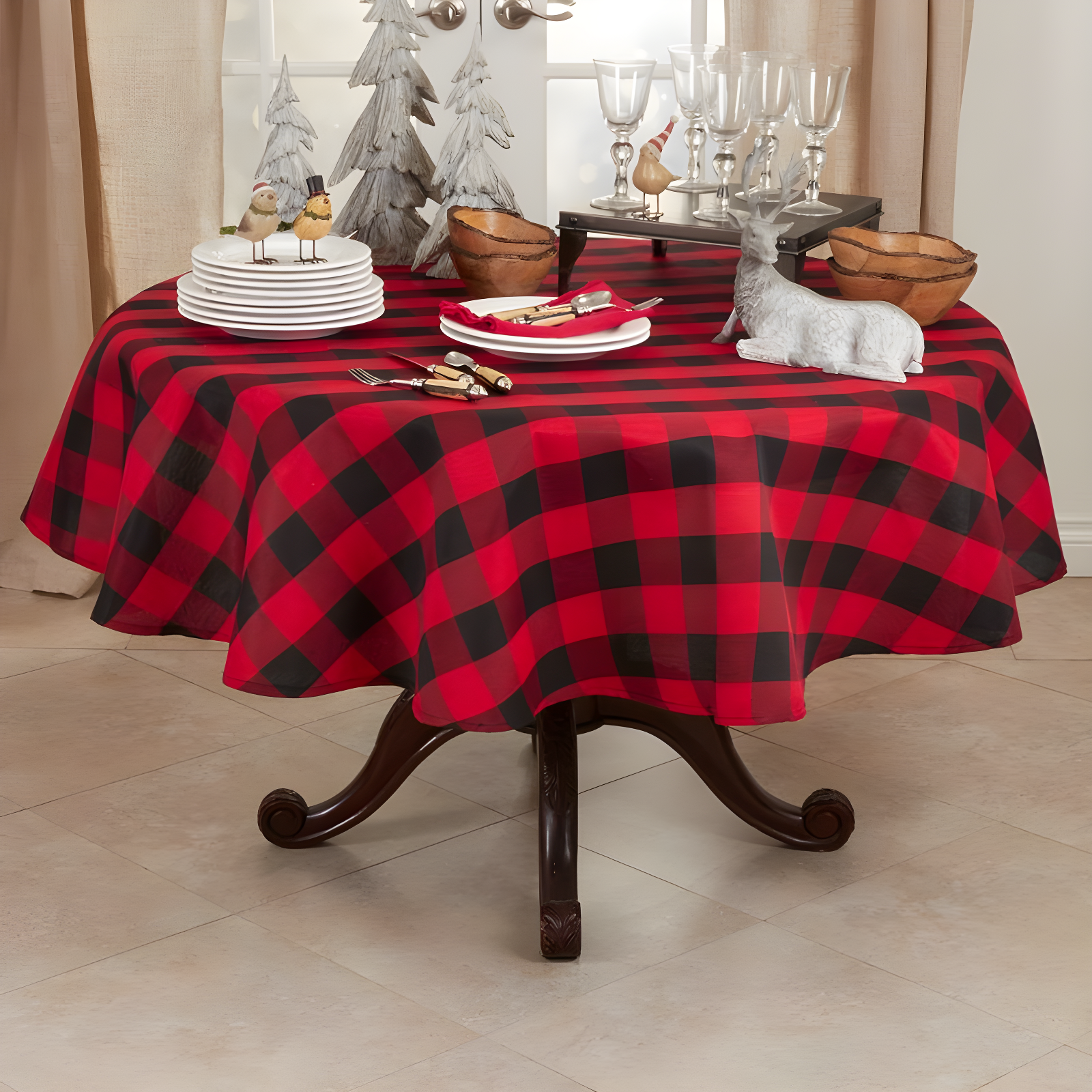 Saro Lifestyle Buffalo Plaid Cotton Blend Tablecloth, Red, 70" Round