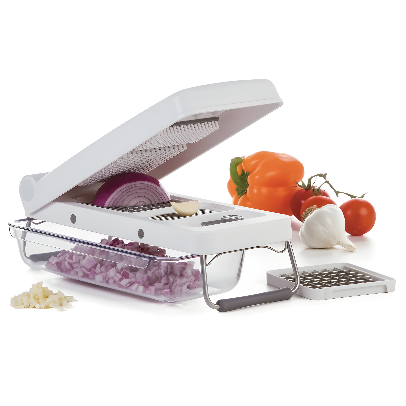 PL8 Professional Chopper White: Stainless Steel Manual Food Chopper, 3 Blades, Dishwasher-Safe, Progressive Veggie Tool