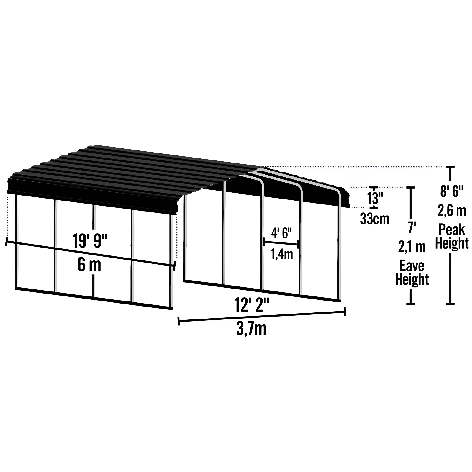 Steel Carport, 12 ft. x 20 ft. x 7 ft. Galvanized Black/Charcoal
