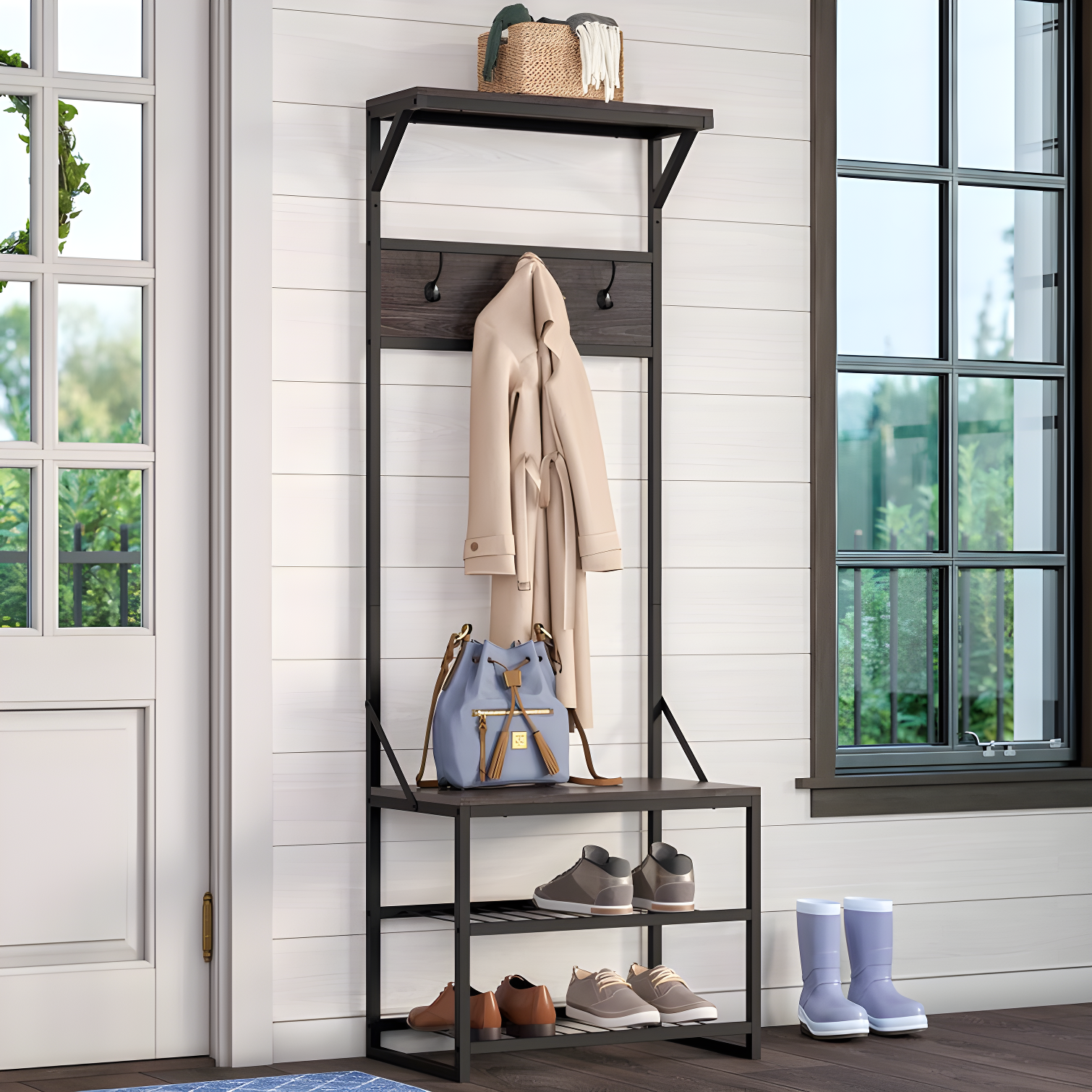 RiverRidge Home RiverRidge Afton Hall Tree Shoe Storage Organizer Cabinet with Hooks and Top Storage Shelf Entryway Bench Seat - Weathered Woodgrain and Black Metal Frame