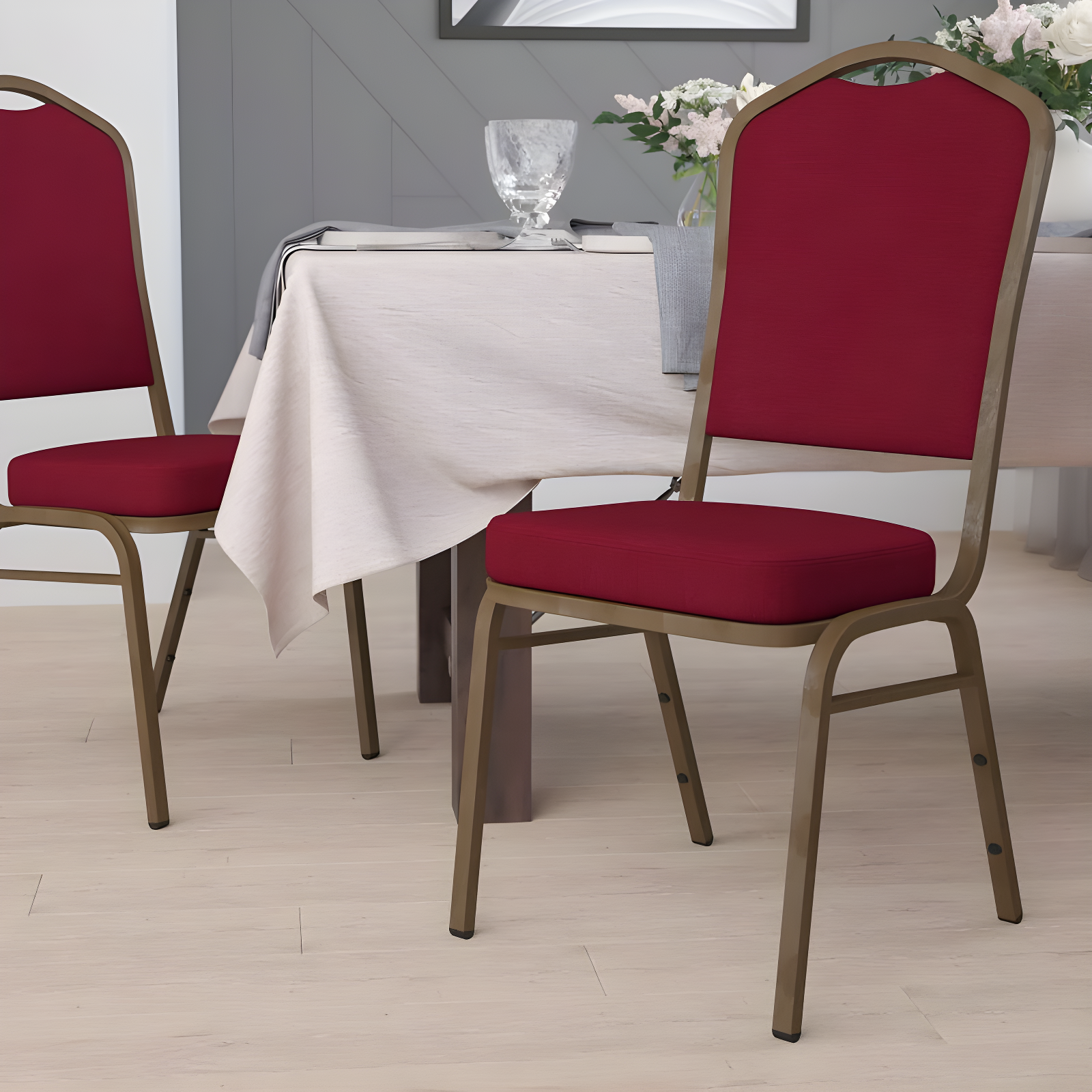 Flash Furniture HERCULES Series Crown Back Stacking Banquet Chair in Burgundy Fabric - Gold Vein Frame