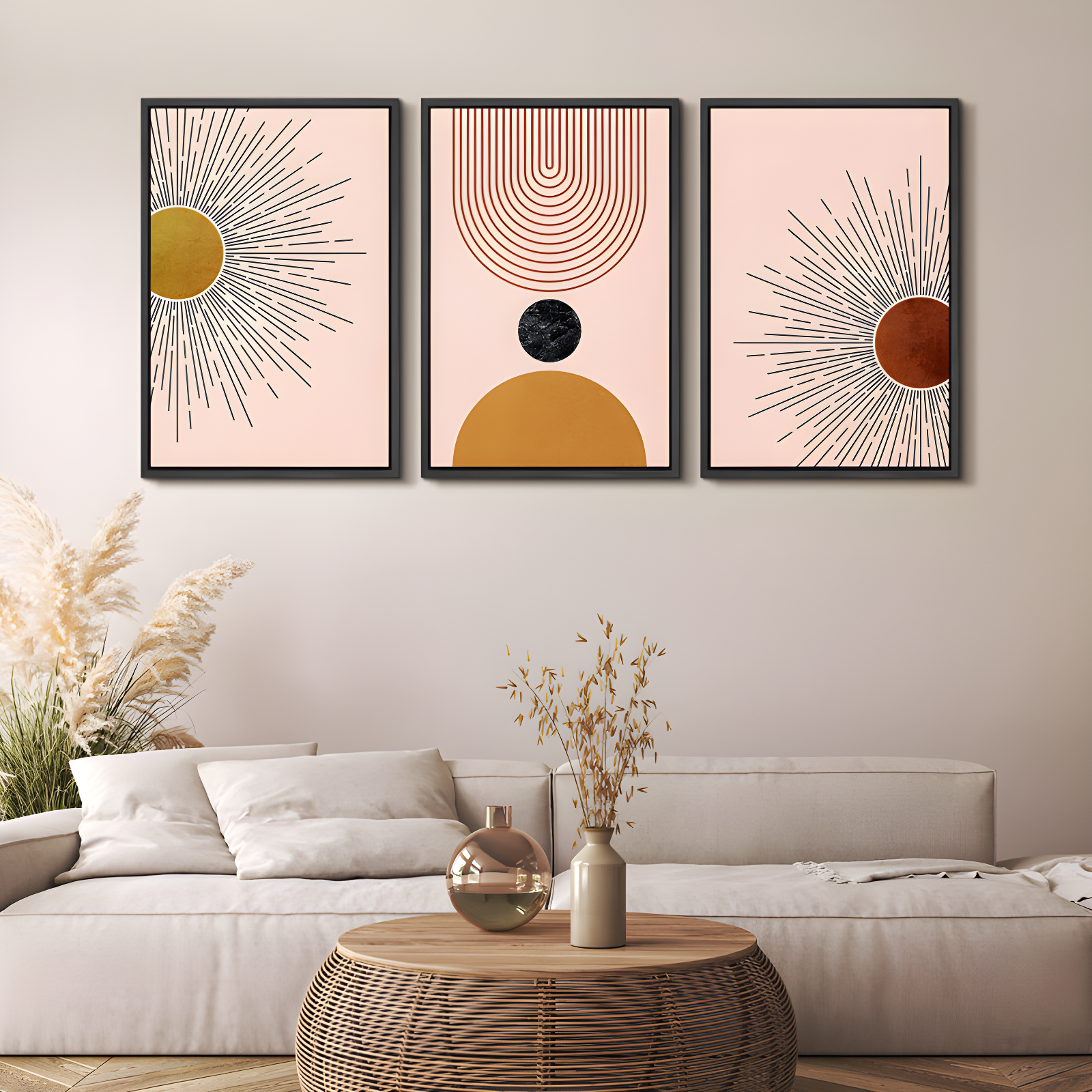 Mid Century Modern Boho Bright Nordic Abstract  Living Room Framed Canvas 3 Pieces Print Wall Art