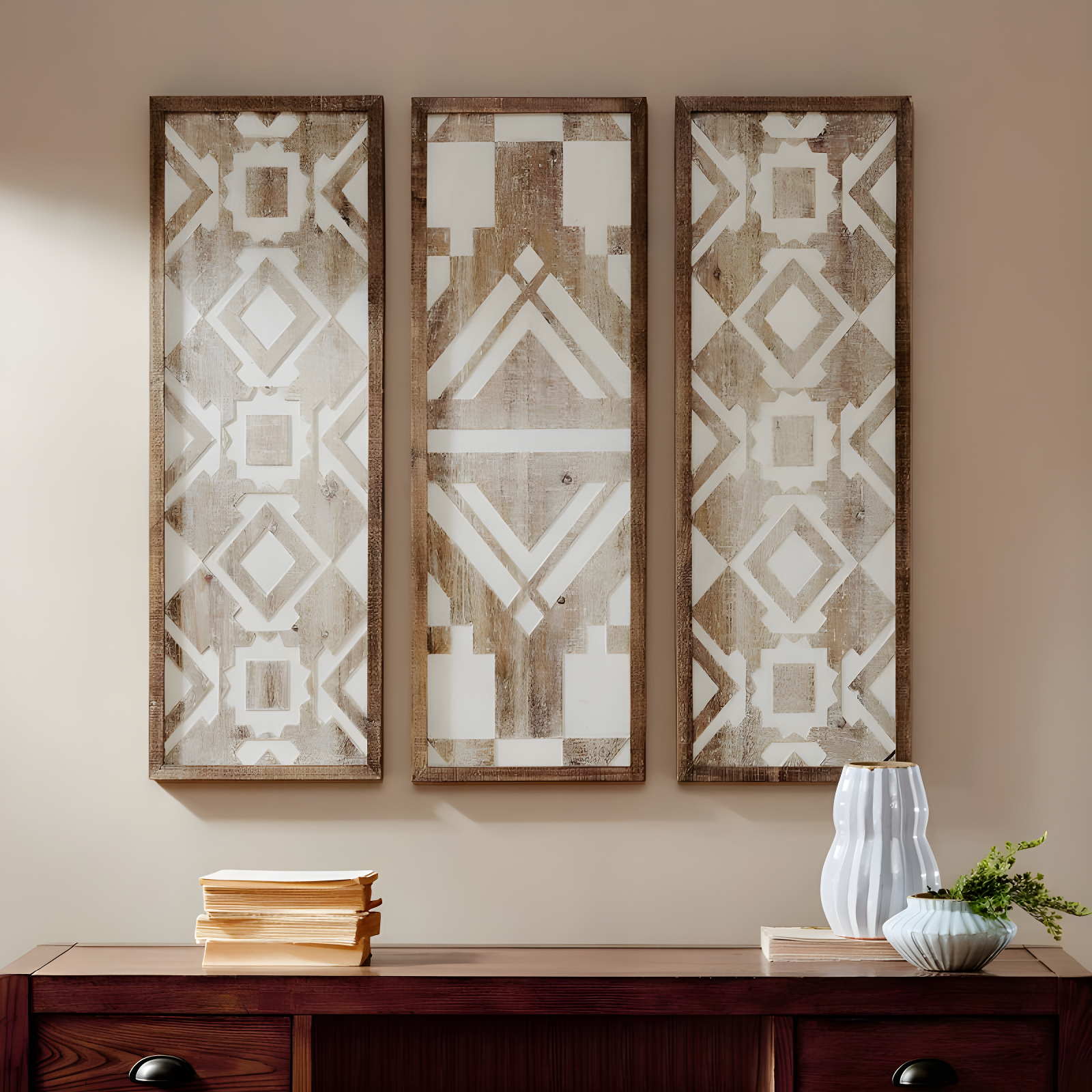 Set of 3 Gianna Wood Wall Decor Natural: Madison Park Mandal Panel, Two-tone, Geometric, Carved, Easy to Hang
