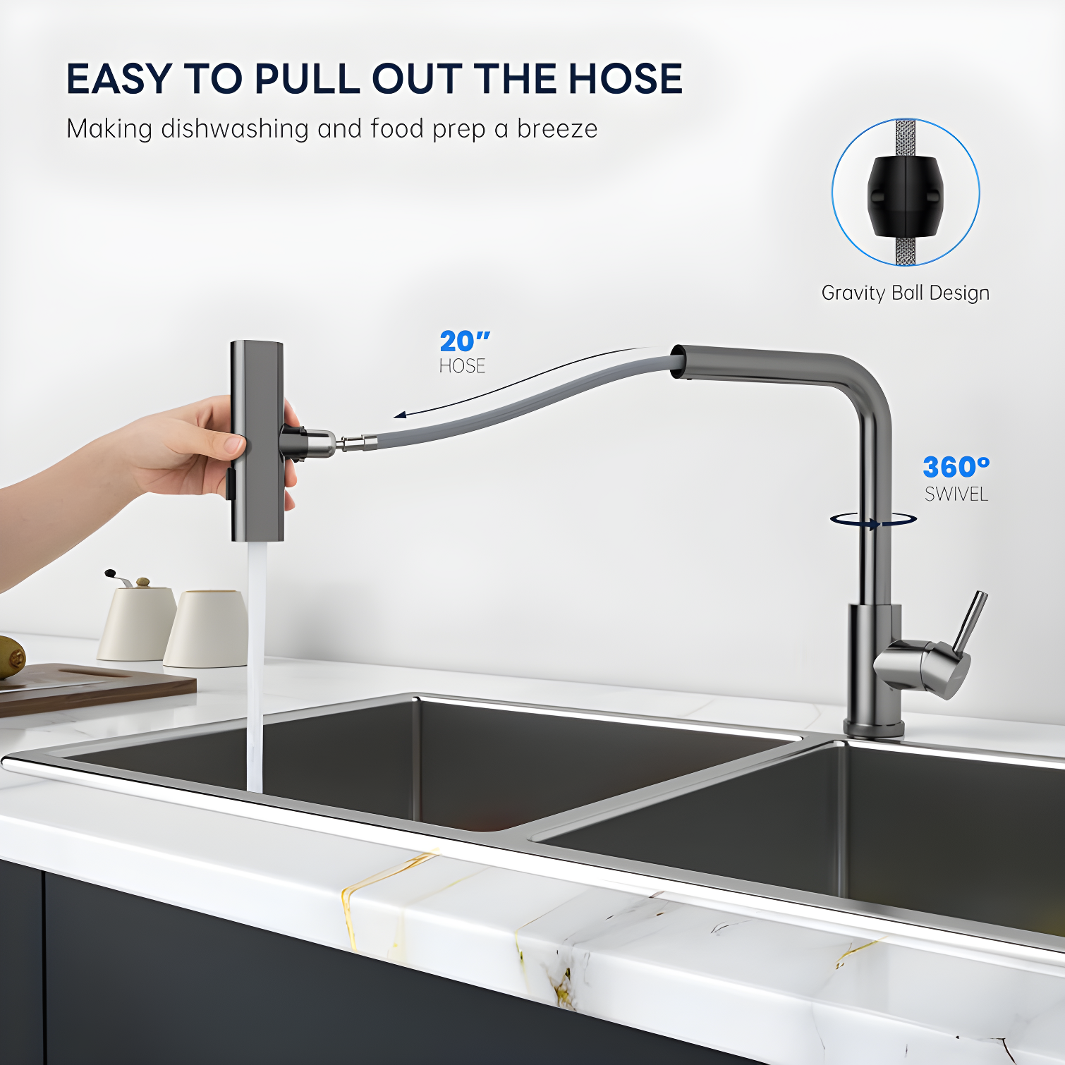 Waterfall Kitchen Faucet with Pull Down Sprayer, Stainless Kitchen Faucet with Sprayer 3 Modes