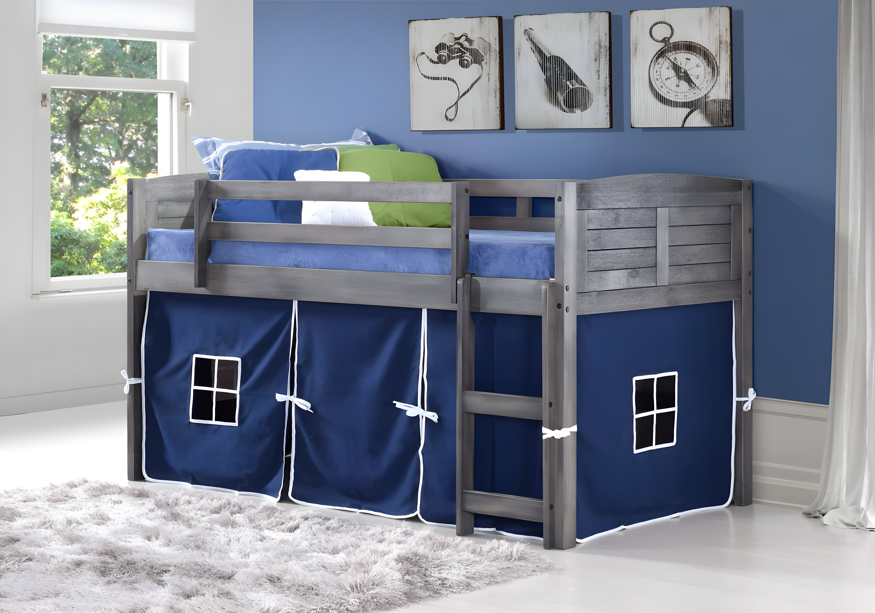 Donco Kids Louver Twin Antique Grey Low Loft Bed with Blue Tent, Twin, Antique Grey