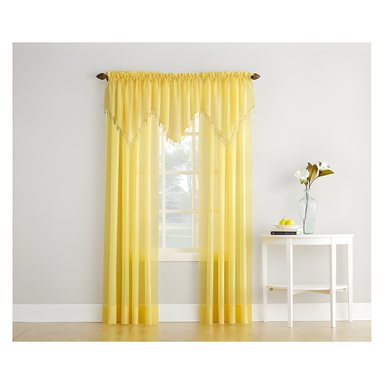 24"x51" Erica Crushed Sheer Voile Beaded Ascot Curtain Valance Yellow - No. 918