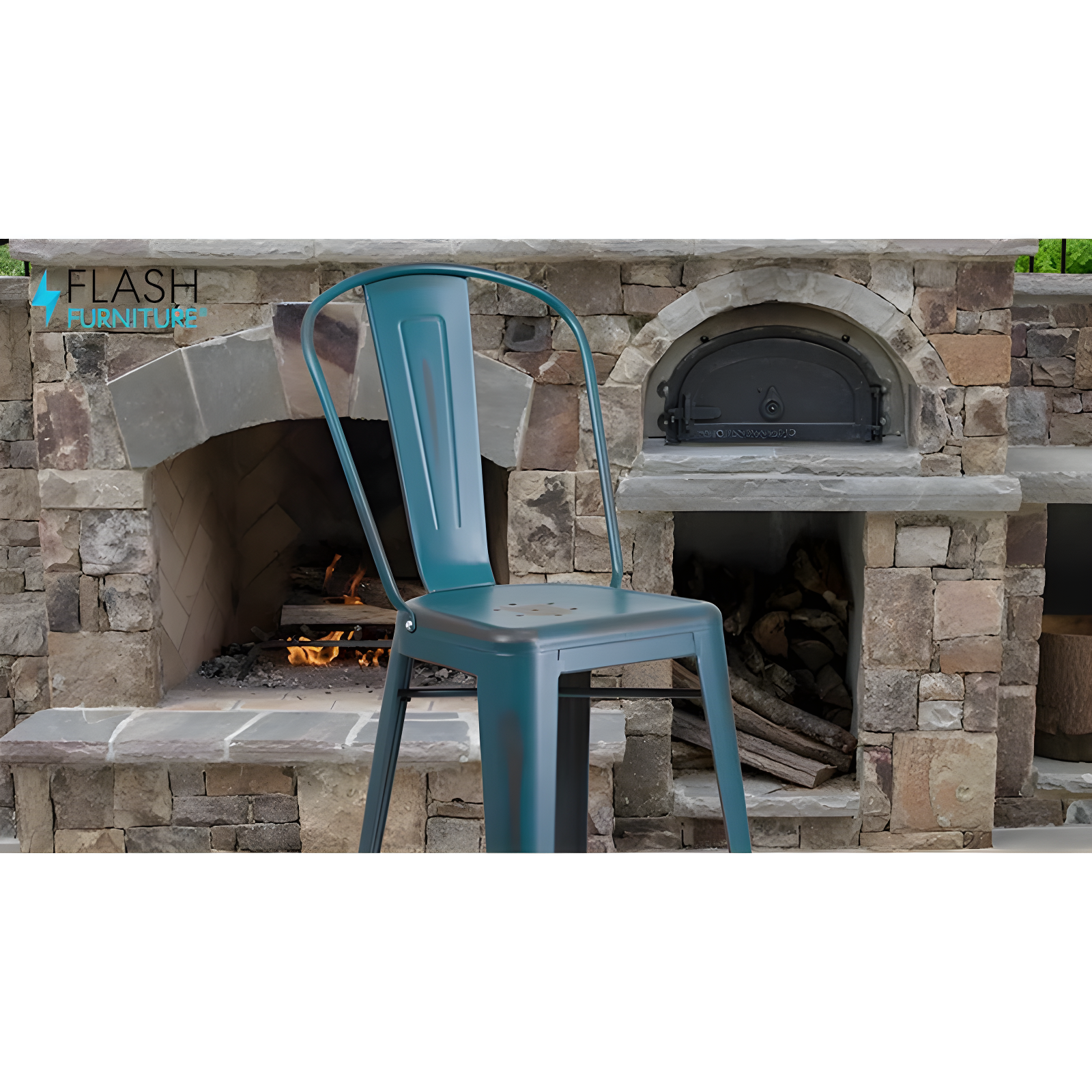 Flash Furniture Commercial Grade 30" High Distressed Kelly Blue-Teal Metal Indoor-Outdoor Barstool with Back