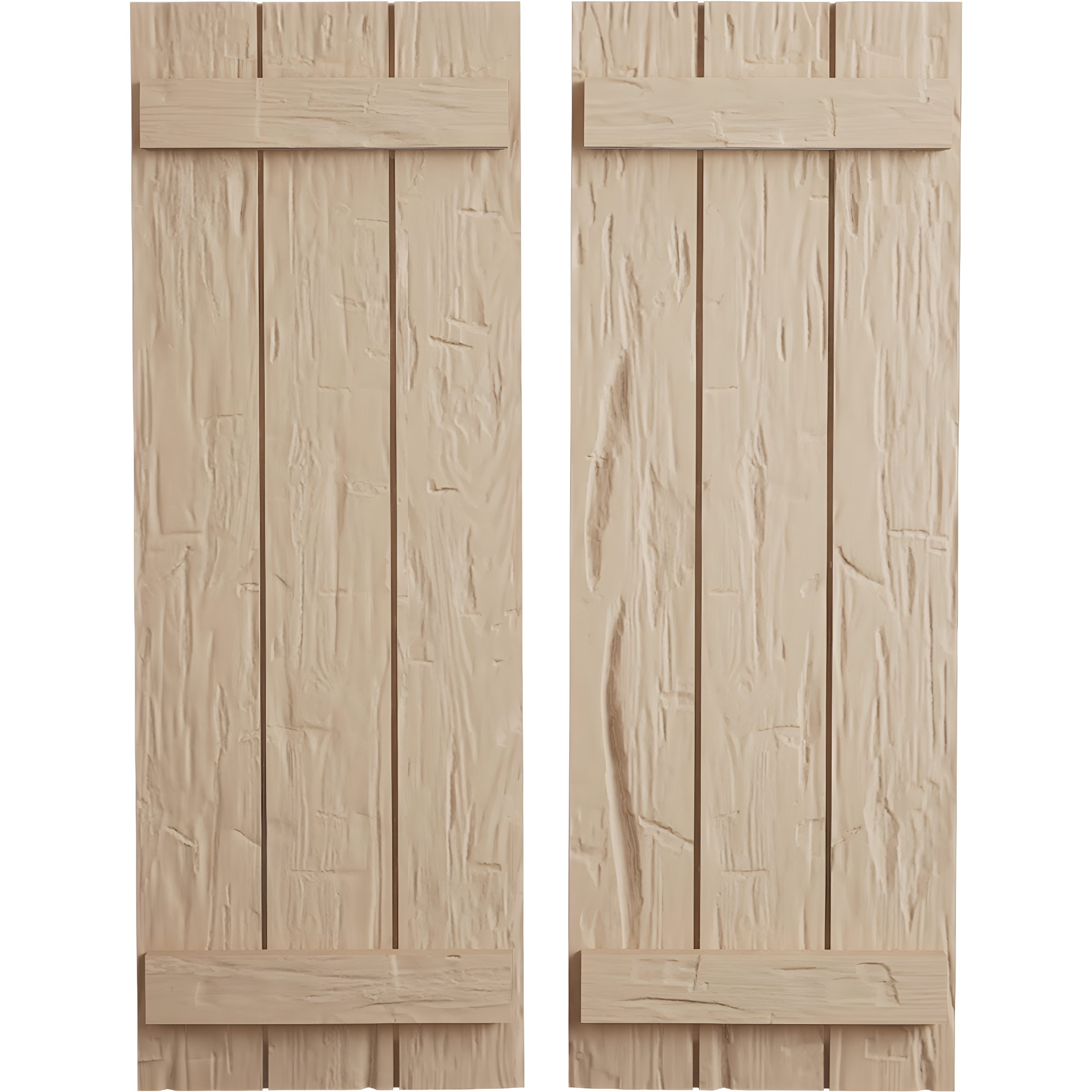 Ekena Millwork 16 1/2"W x 38"H Rustic Three Board Joined Board-n-Batten Hand Hewn Faux Wood Shutters (Per Pair), Primed Tan