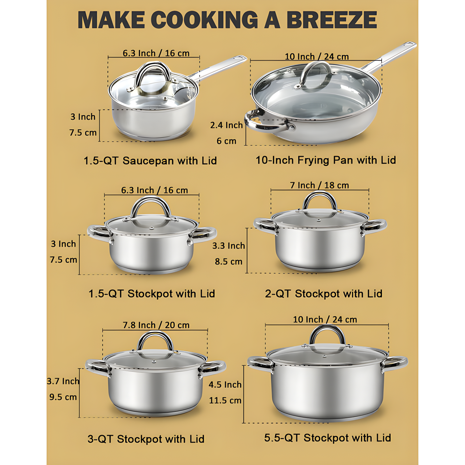 Cook N Home Cook N Home Kitchen Cookware Sets, 12-Piece Basic Stainless Steel Pots and Pans, Silver