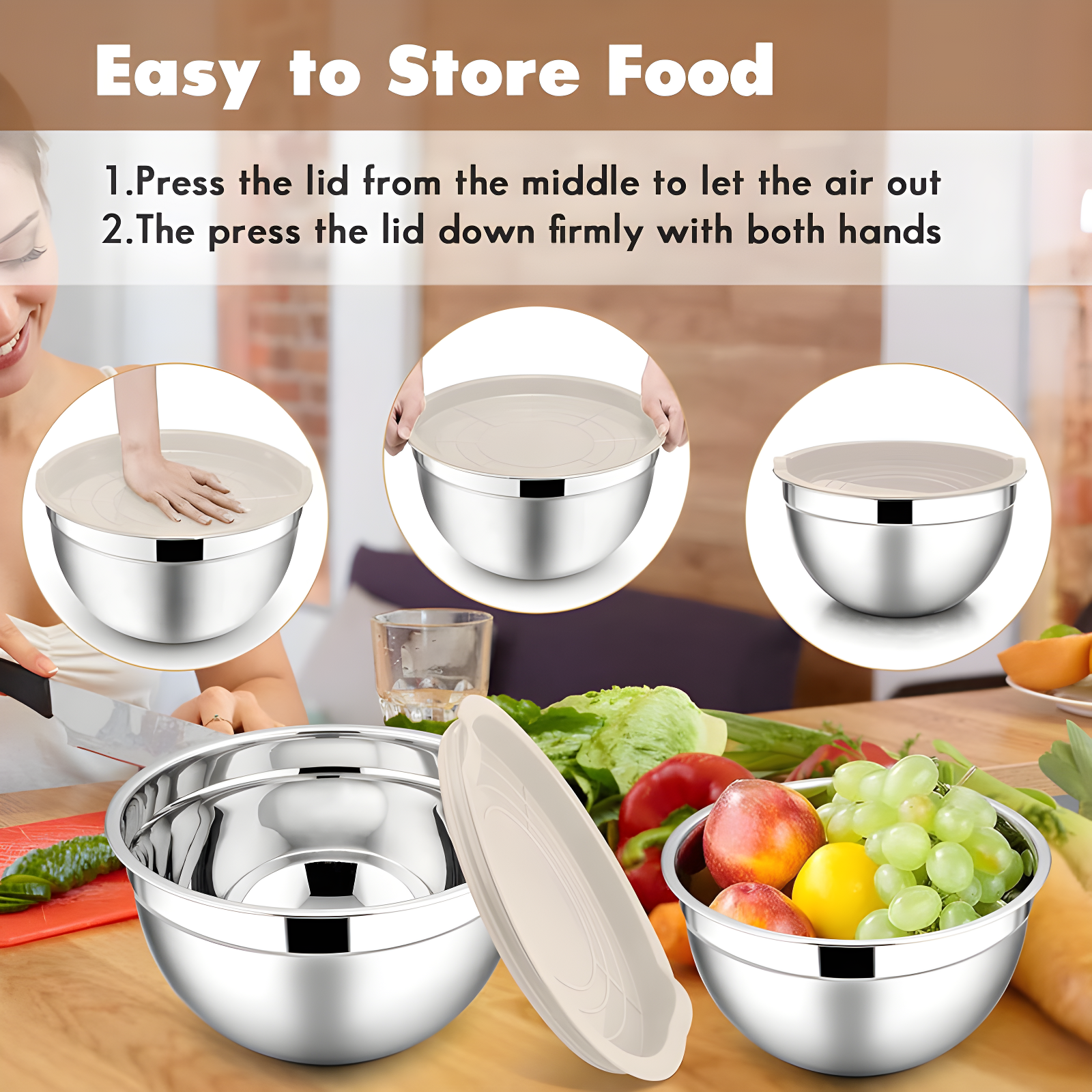 Toledo Bath & Kitchen Stainless Steel Mixing Bowls With Lids, 5-Pack Metal Nesting Bowls With Airtight Covers For Cooking, Baking, Serving, Storage, Non-Toxic & Dishwasher Safe, Size 4.6/3/1.5/1/0.7QT - Khaki