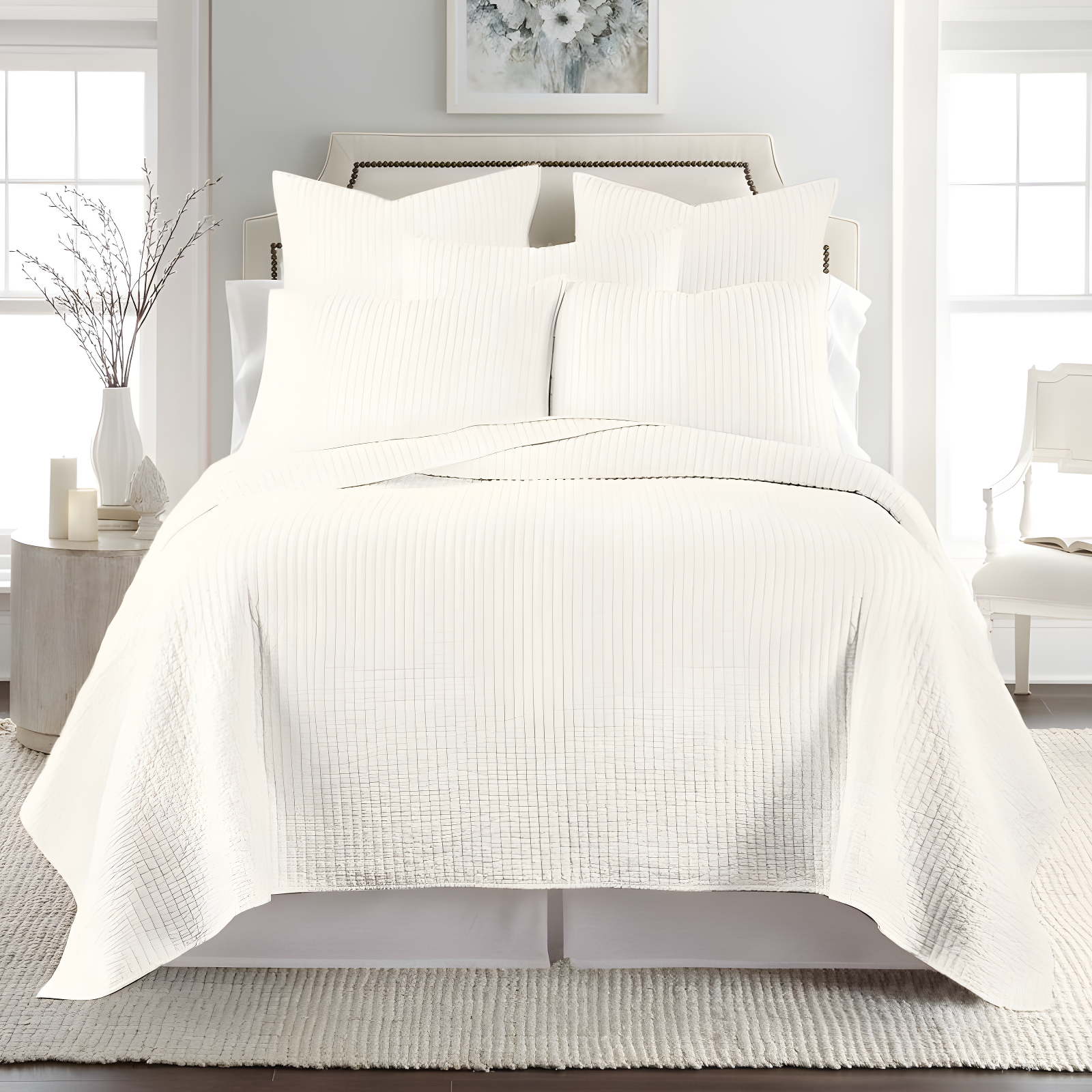 The Industrial Shop 3pc King Solid Quilt and Sham Bedding Set Cream: Rustic Percale, Machine Washable