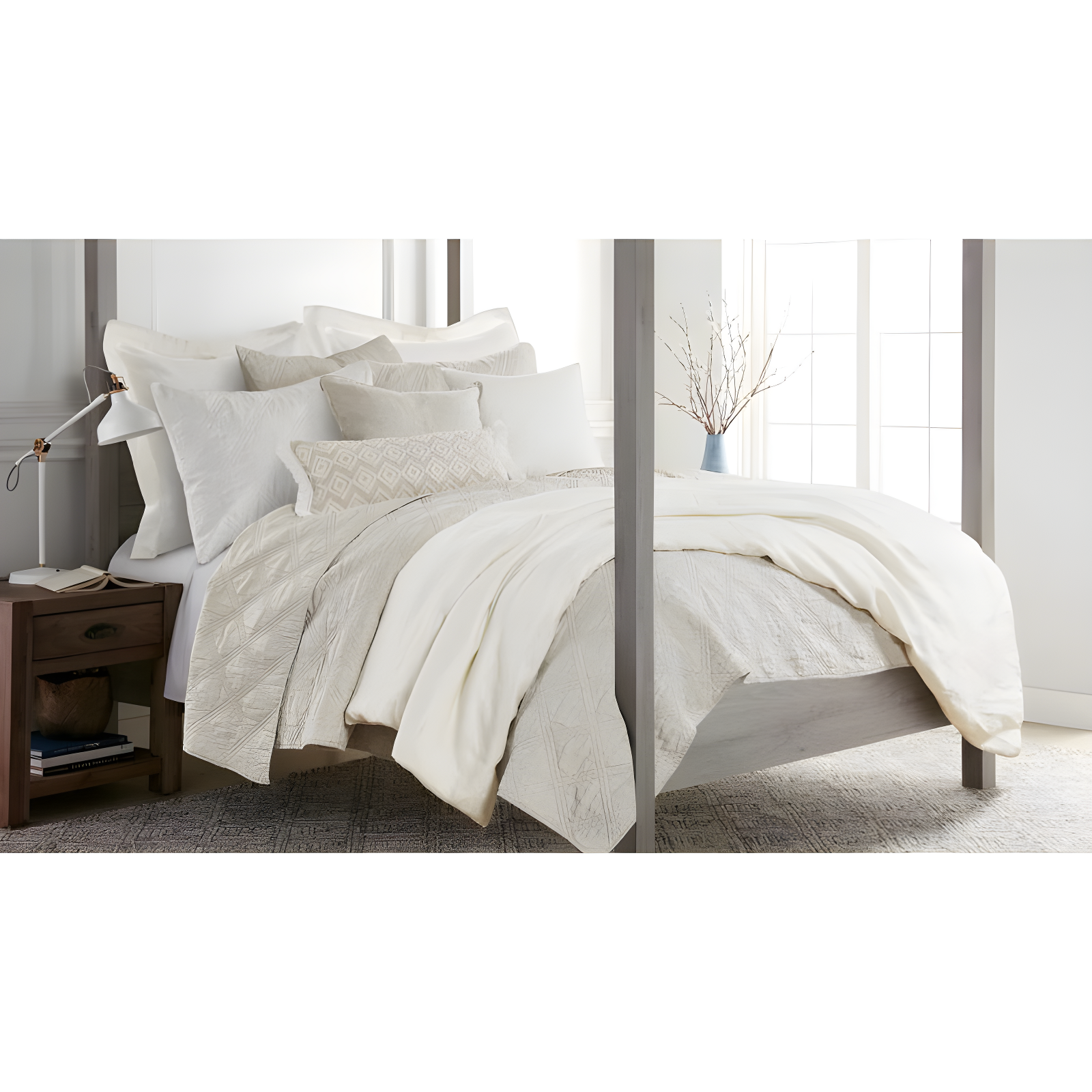 The Industrial Shop 3pc King Solid Quilt and Sham Bedding Set Cream: Rustic Percale, Machine Washable