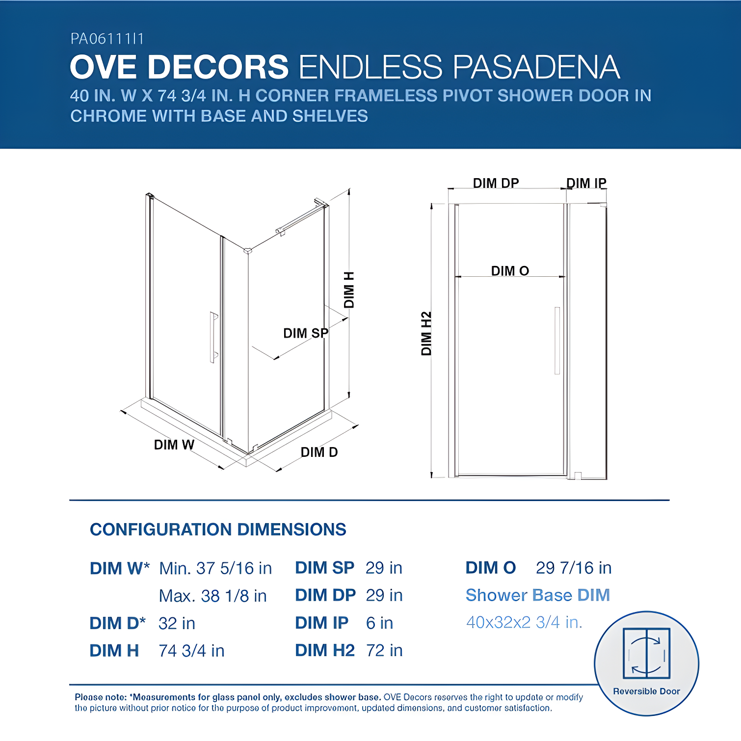 Endless Pasadena 40" W x 72" H Corner Frameless Shower Kit, Door, Panel, Base, Shelves