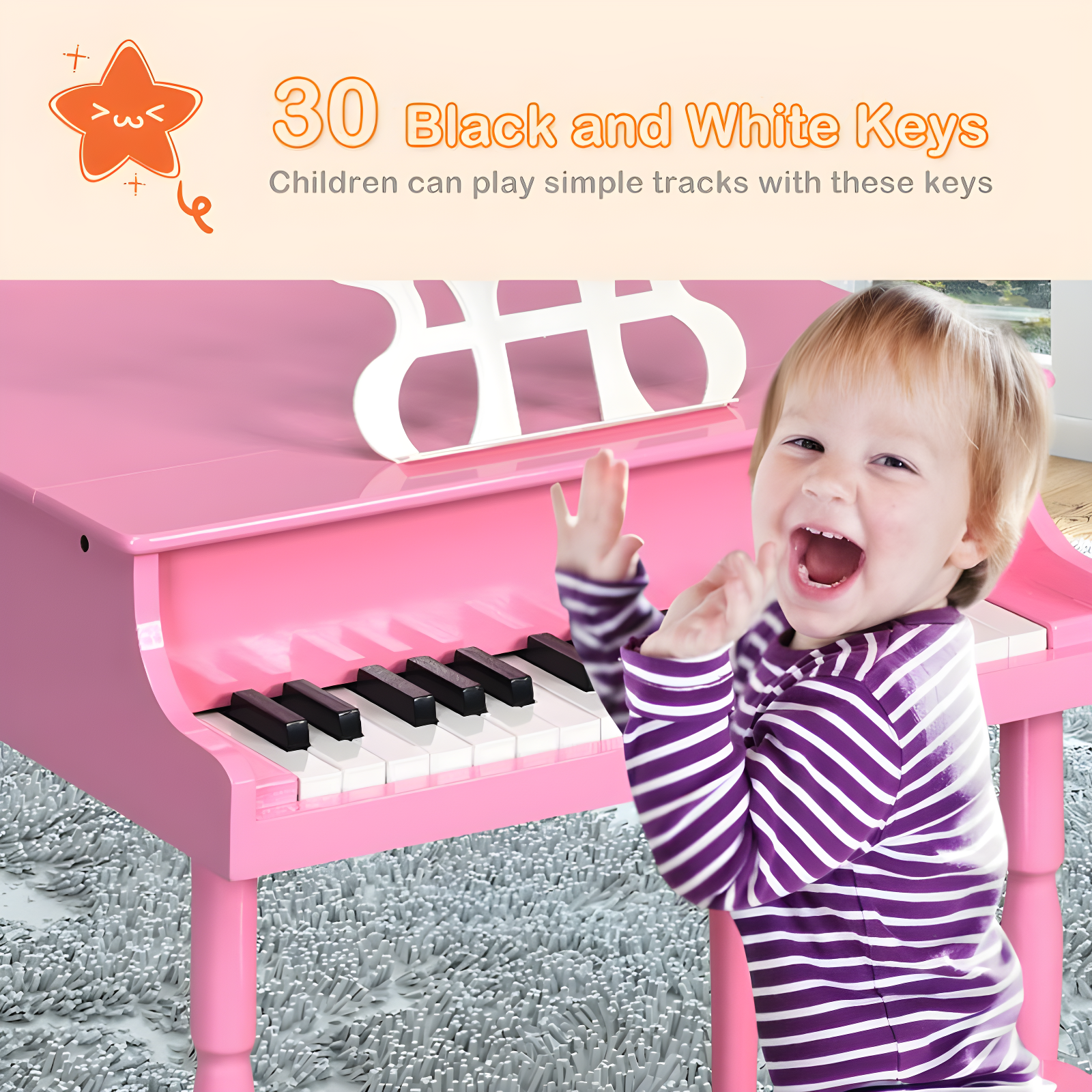 Costway 30-Key Classic Baby Grand Piano Toddler Toy Wood w/ Bench & Music Rack Pink