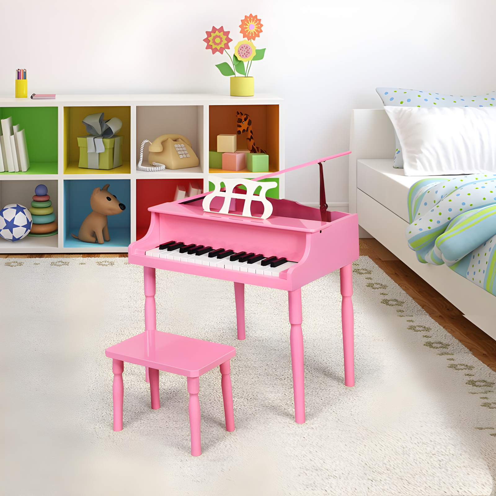 Costway 30-Key Classic Baby Grand Piano Toddler Toy Wood w/ Bench & Music Rack Pink