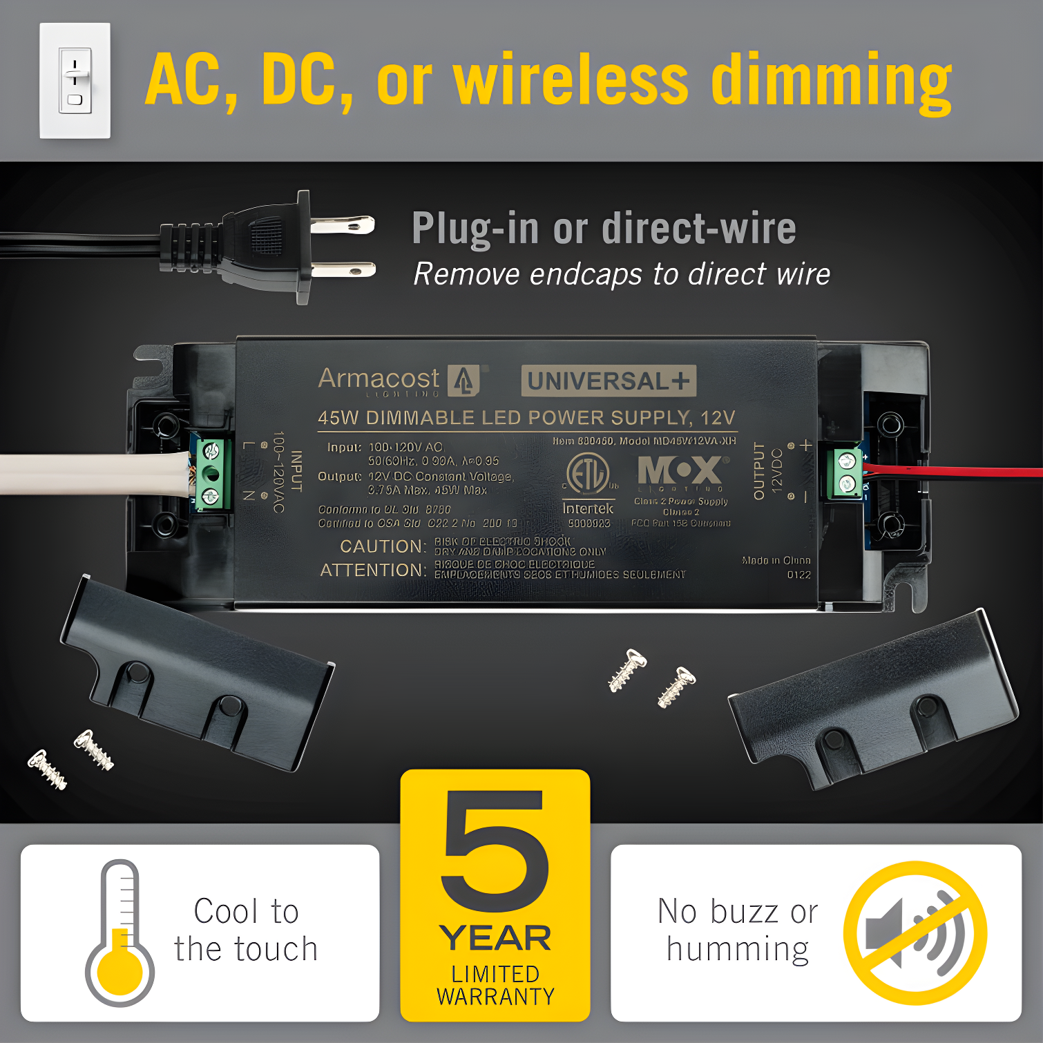 Universal+ Dimmable LED Driver 12V DC, 60W Electronic Transformer