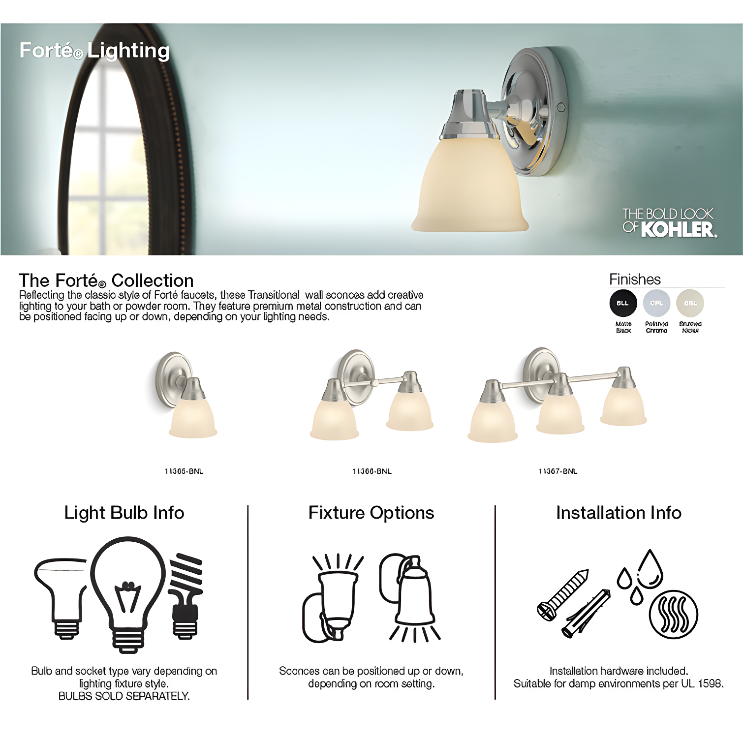 Forte 2 Light Indoor Bathroom Vanity Light Fixture, Position Facing Up or Down, UL Listed