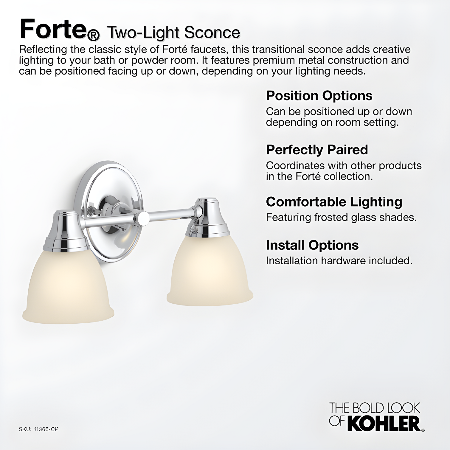 Forte 2 Light Indoor Bathroom Vanity Light Fixture, Position Facing Up or Down, UL Listed