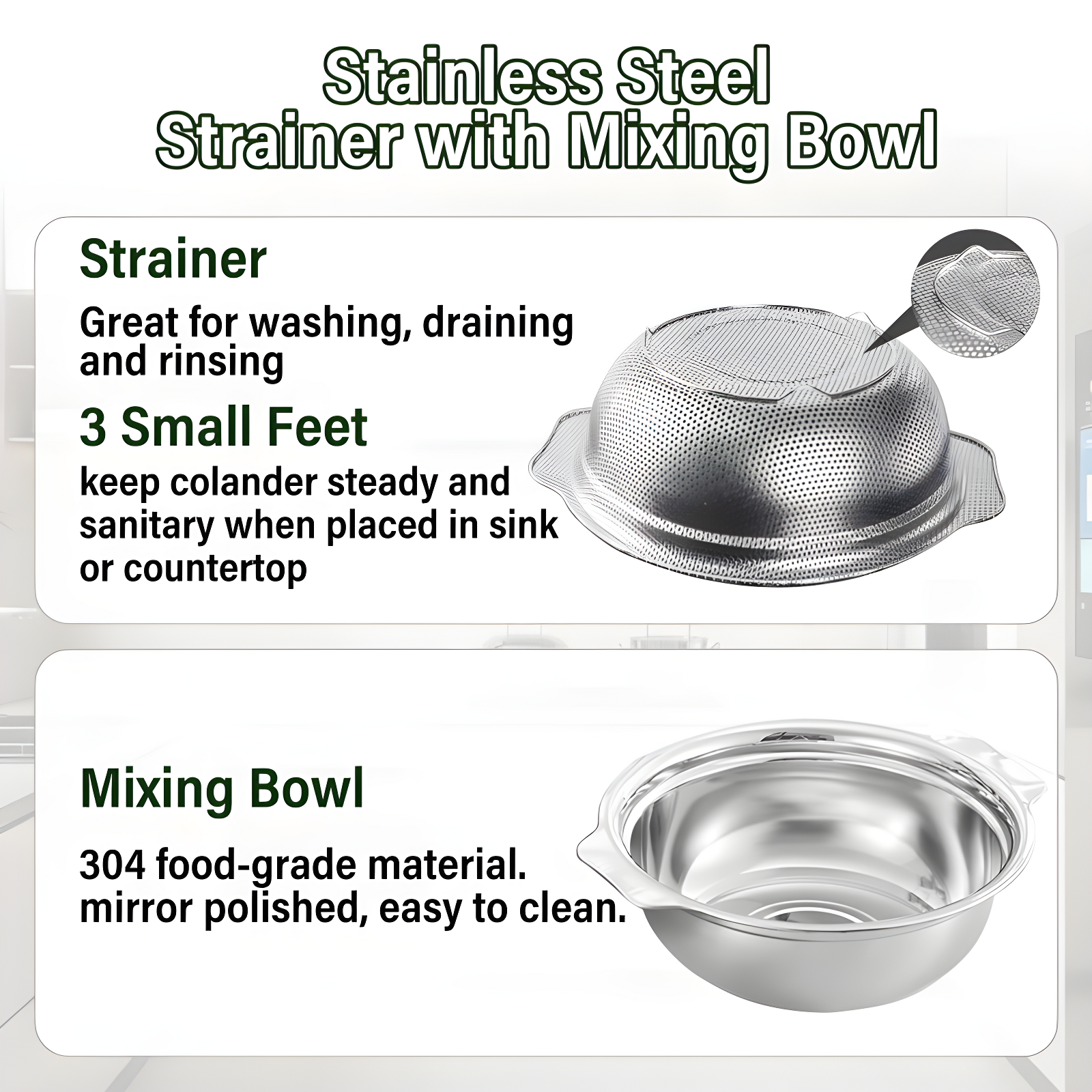 APPENIN WINTER PARK CORP Stainless Steel Colander For Kitchen, 3QT Rice Washer Strainer With Mixing Bowl, Colander Bowl Set With Microporous For Washing Rice, Pasta, Spaghetti, Fruits, Dishwasher Safe(2PC)