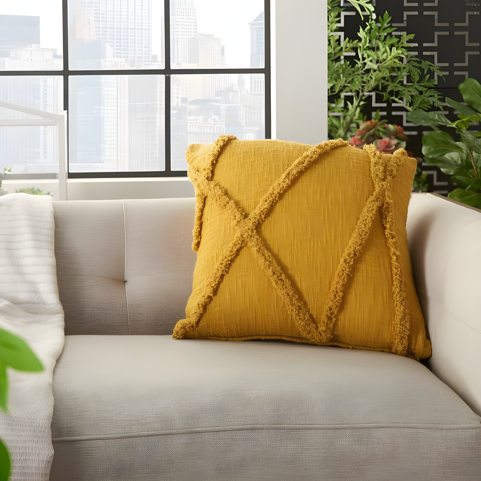 18"x18" Distressed Diamond Square Throw Pillow Mustard - Mina Victory: Cotton, Zipper Closure, Indoor Use