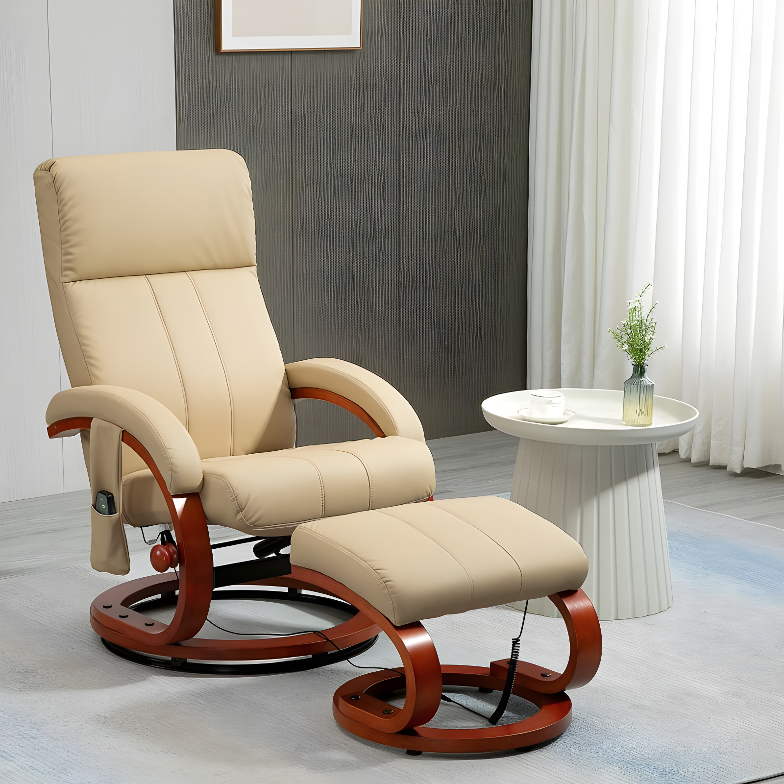 HOMCOM Recliner Chair with Ottoman, Electric Faux Leather Swivel Reclining Chair with 10 Vibration Points, 5 Massage Mode, Remote Control, Beige