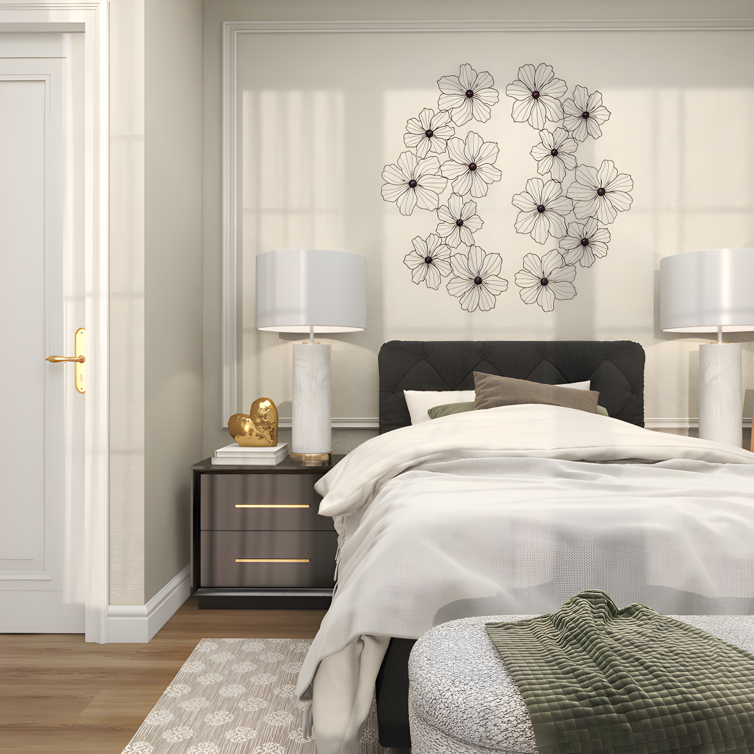Metal Wire Foiled Floral Home Wall Decor with Scroll Accents