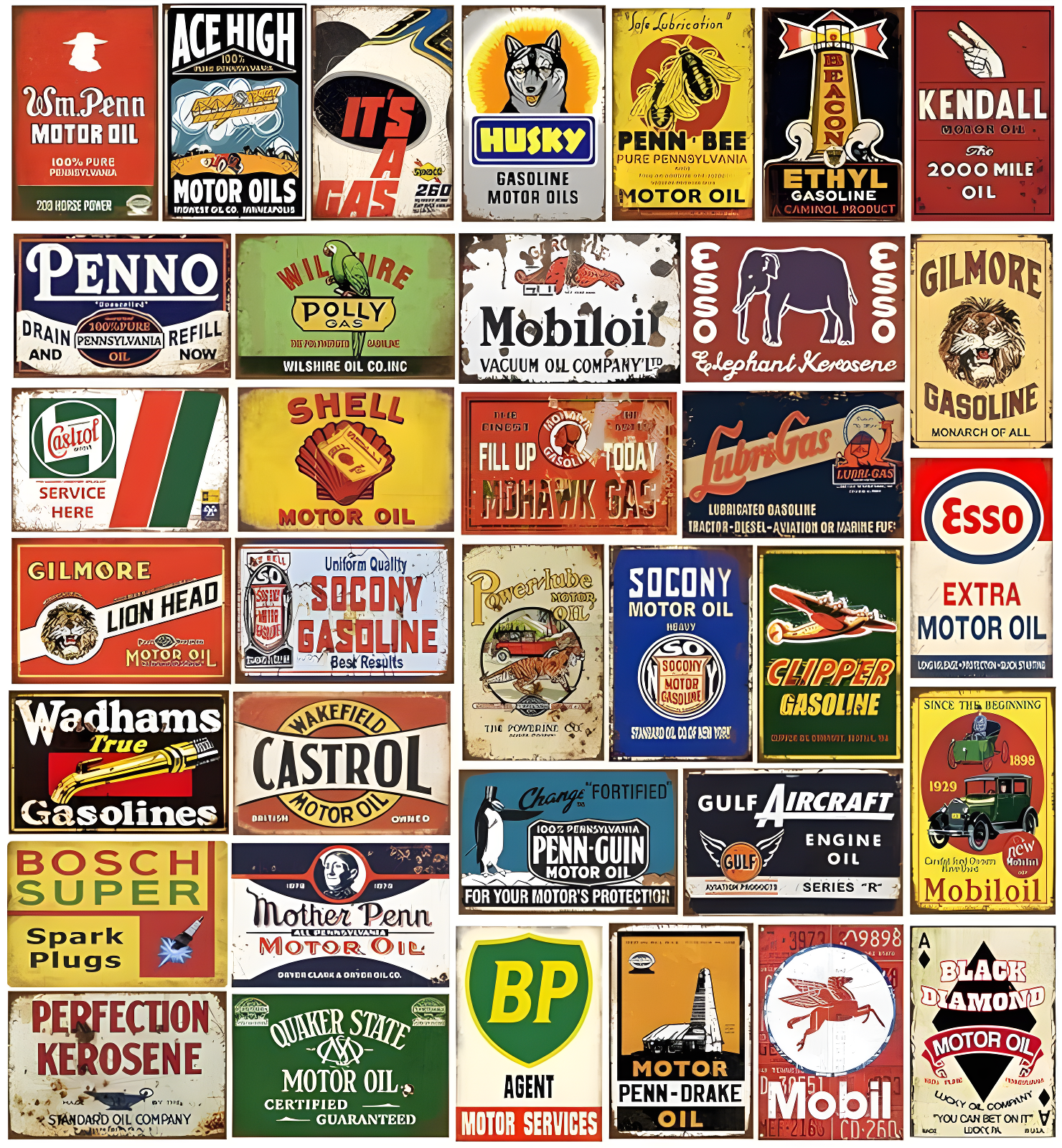 Reproduced Vintage Tin Sign Pack, Gas Oil Retro Advert Antique Metal Signs for Garage Man Cave Bar Kitchen, Nostalgic Car Decor, 8x12 Inch (35 Pieces A)